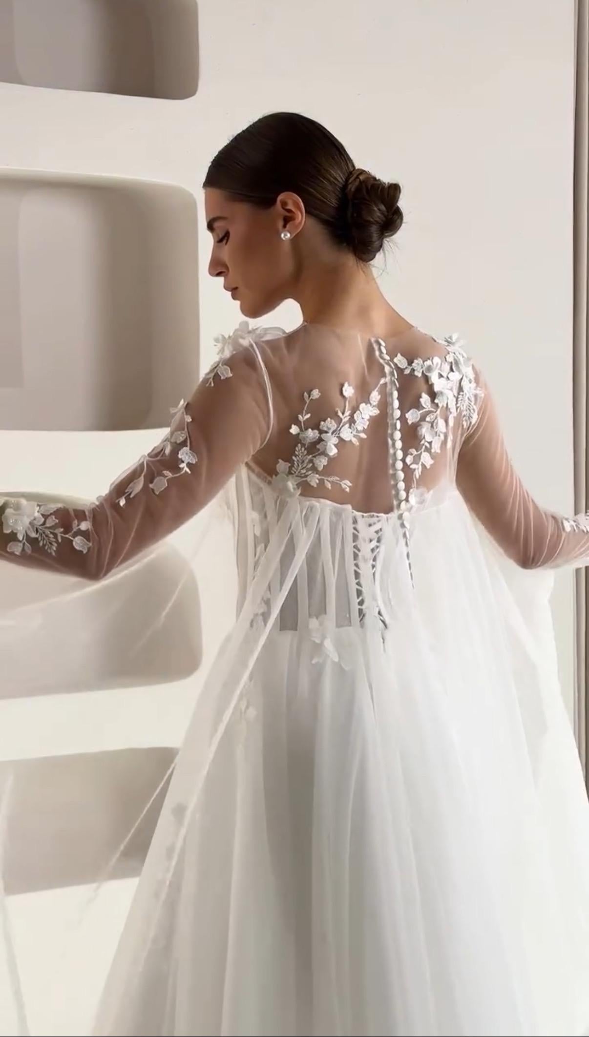 Tulle Bridal Gown with Train, Lace Corset and Sheer Bodice, Floral 3D Applique Long Sleeve A-line Rustic Wedding Dress Bolero Style