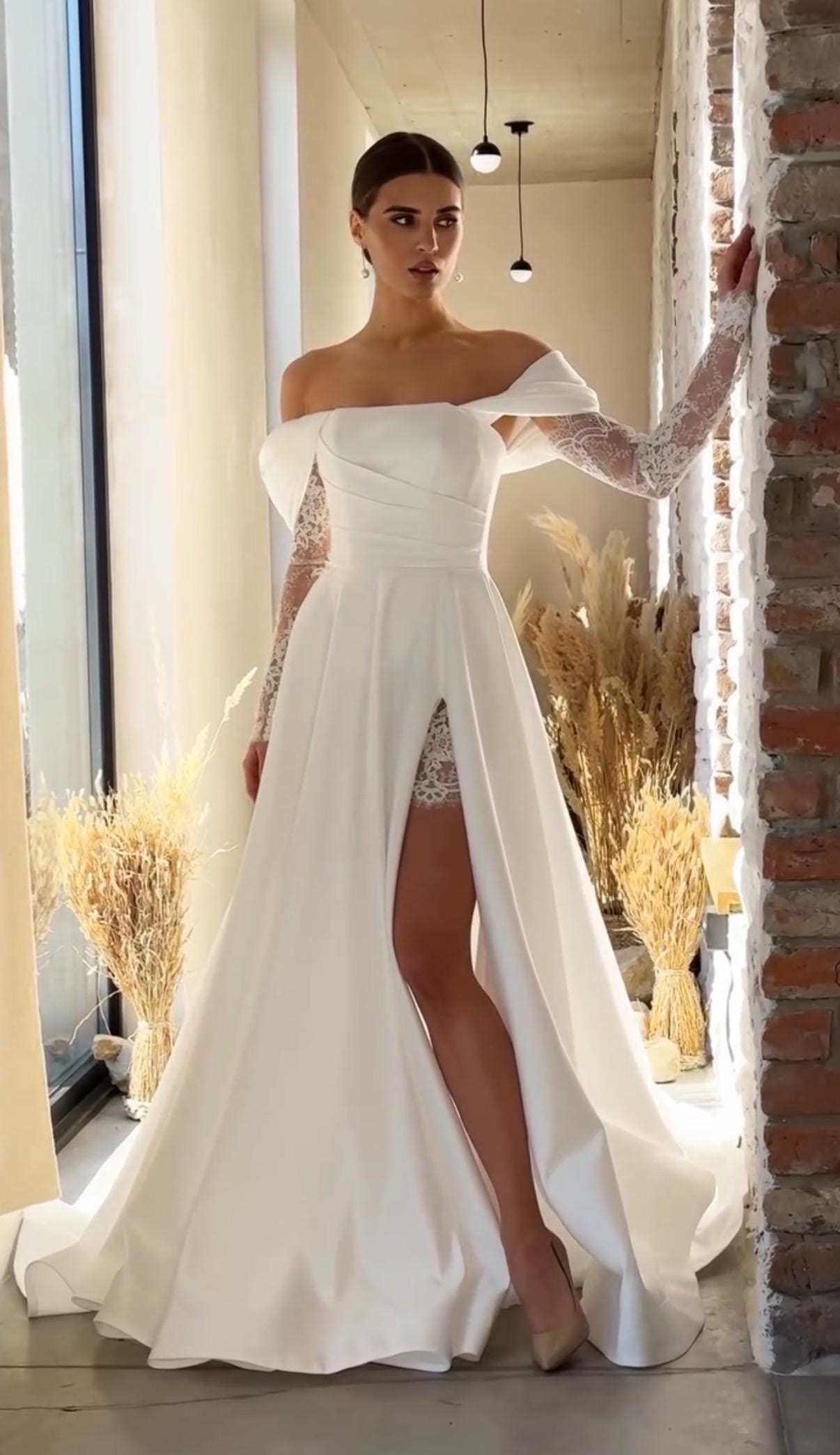 Off Shoulder Satin A-Line Bridal Gown with Lace Sleeves, Slit Skirt, Modest Sexy Ceremony Dress for Courthouse or Elopement Wedding