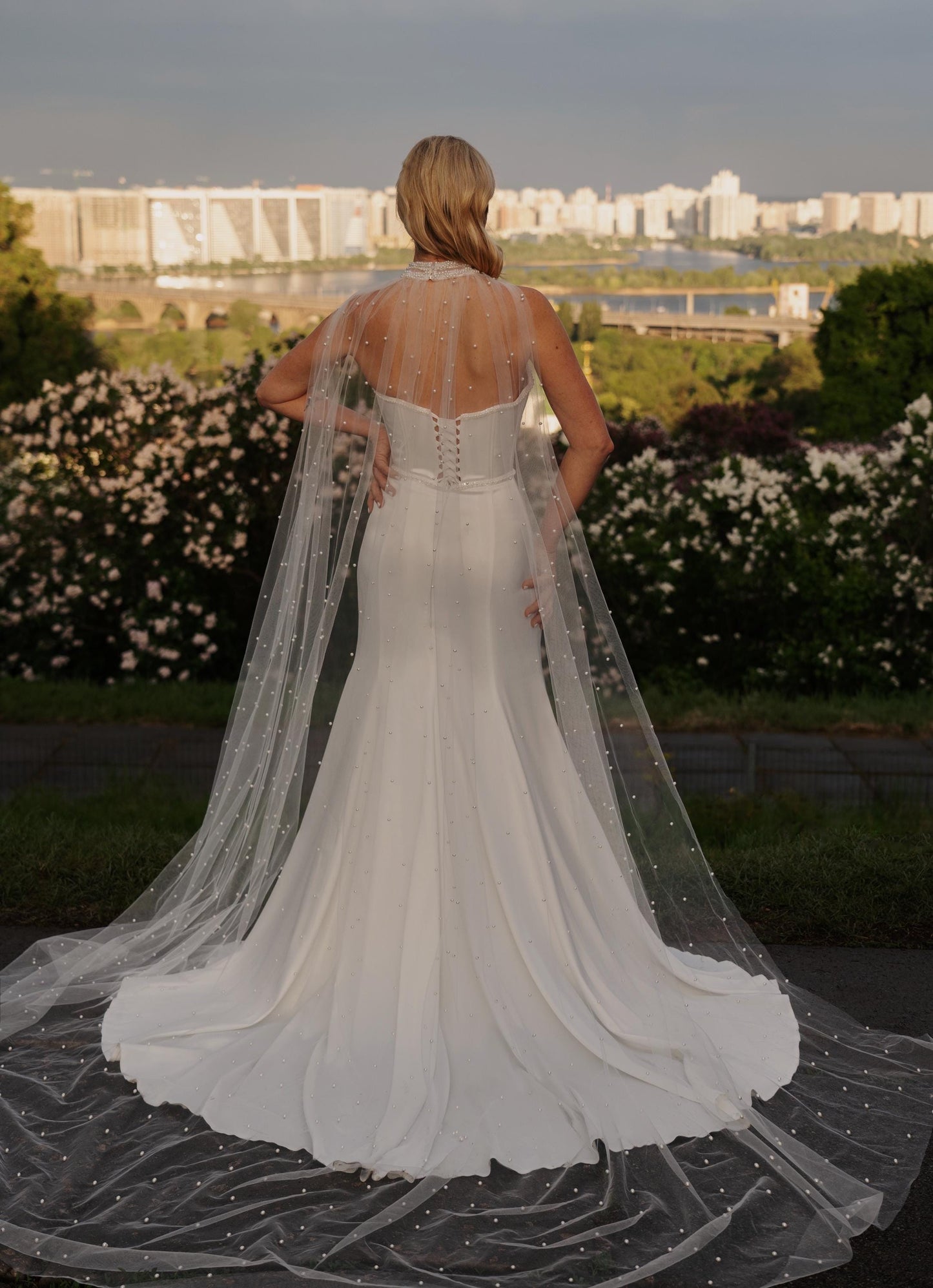 Mermaid Wedding Dress with Illusion Corset and Pearl Tulle Cape – Strapless Sweetheart Bridal Gown with Train