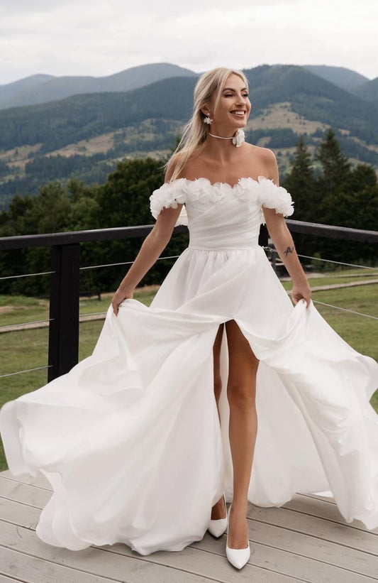 Off Shoulder Wedding Dress with Floral Sleeves and Thigh Slit – A-Line Bridal Gown in Matte Organza with Corset Back – Romantic dress
