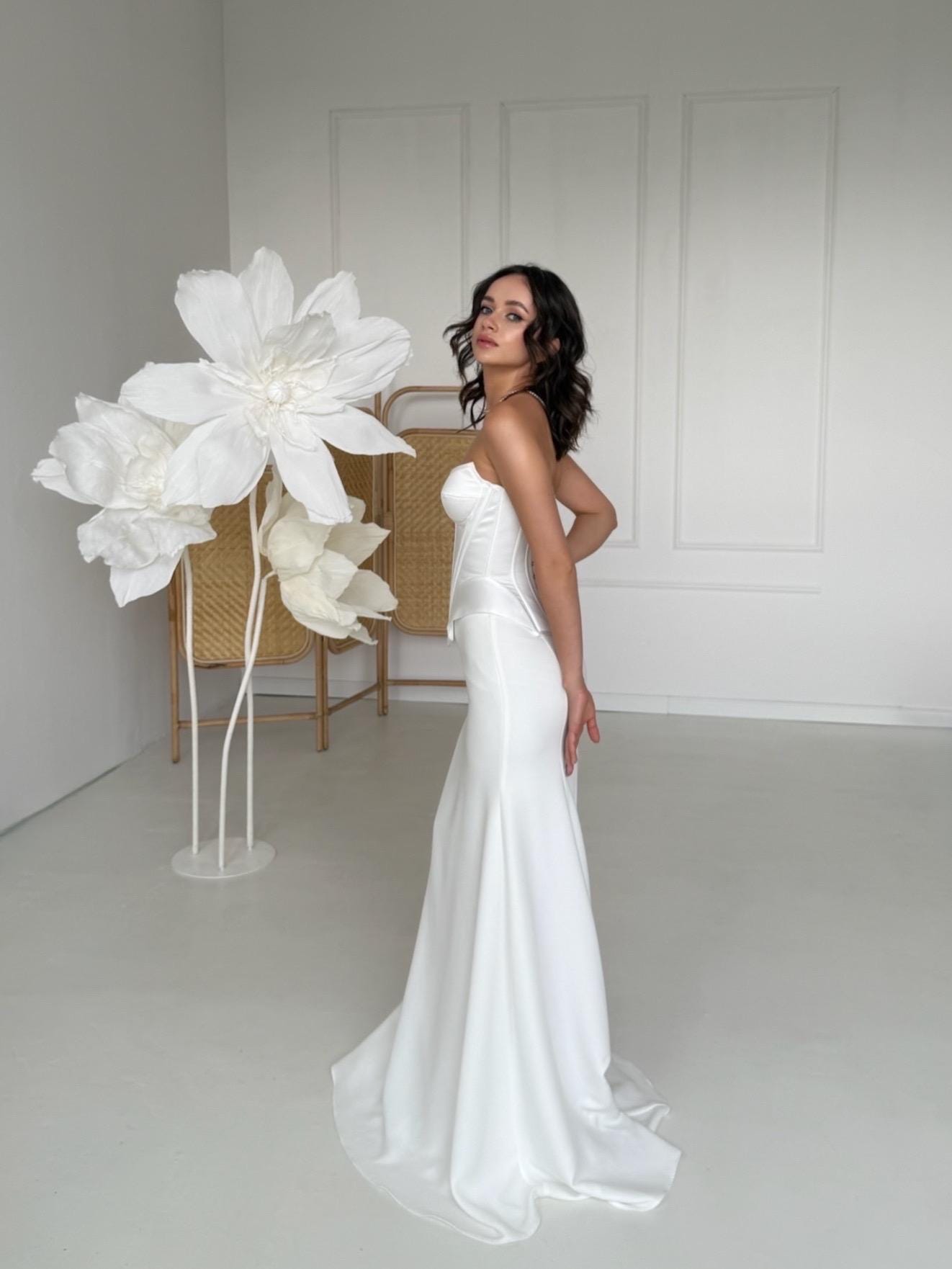 Bridal Corset and Skirt Set | Wedding Corset Top with Lace-Up Back and Crepe Skirt | Two Piece Minimalist Wedding Dress
