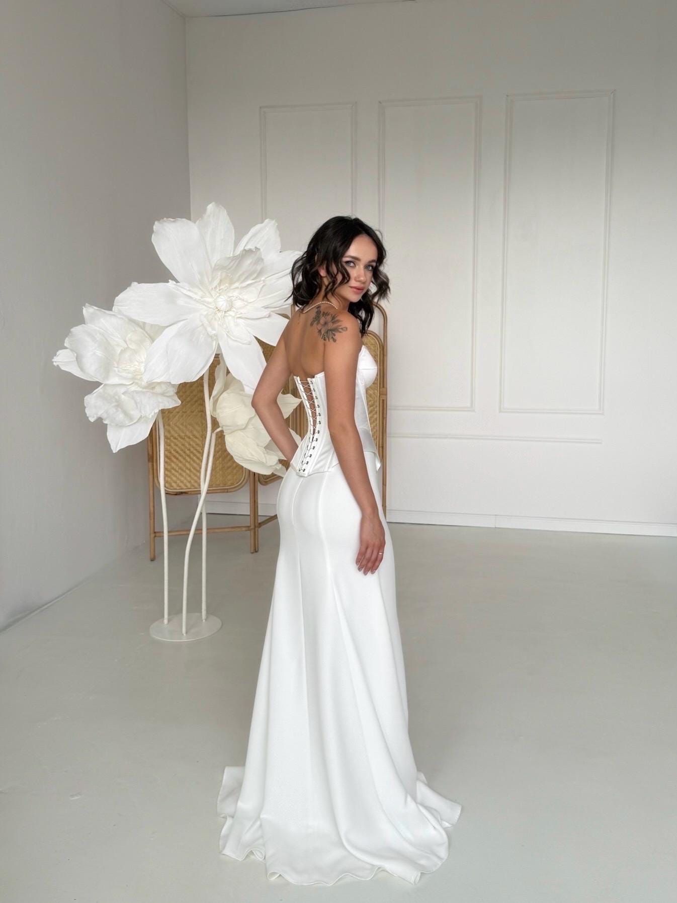Bridal Corset and Skirt Set | Wedding Corset Top with Lace-Up Back and Crepe Skirt | Two Piece Minimalist Wedding Dress