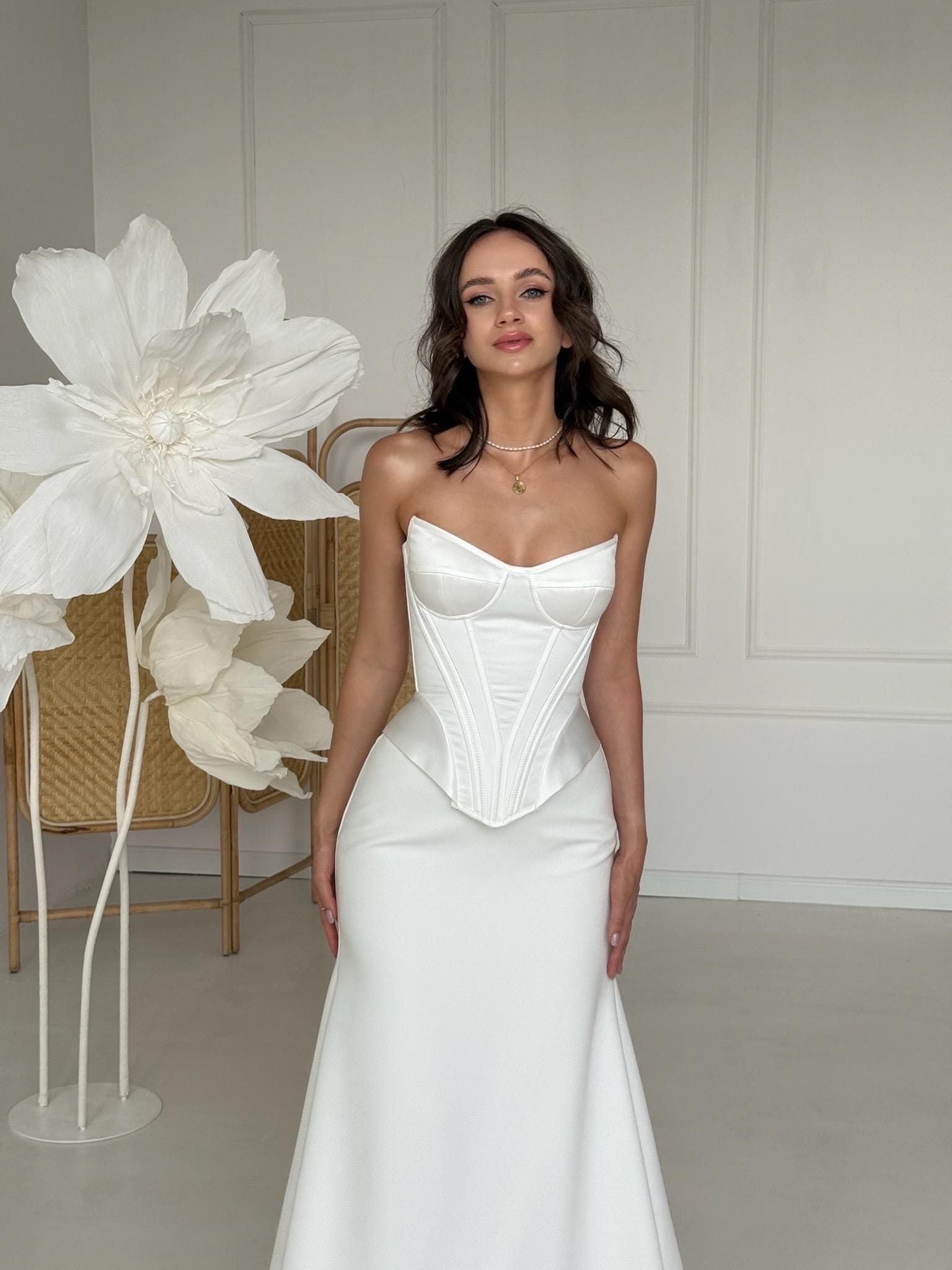 Bridal Corset and Skirt Set | Wedding Corset Top with Lace-Up Back and Crepe Skirt | Two Piece Minimalist Wedding Dress