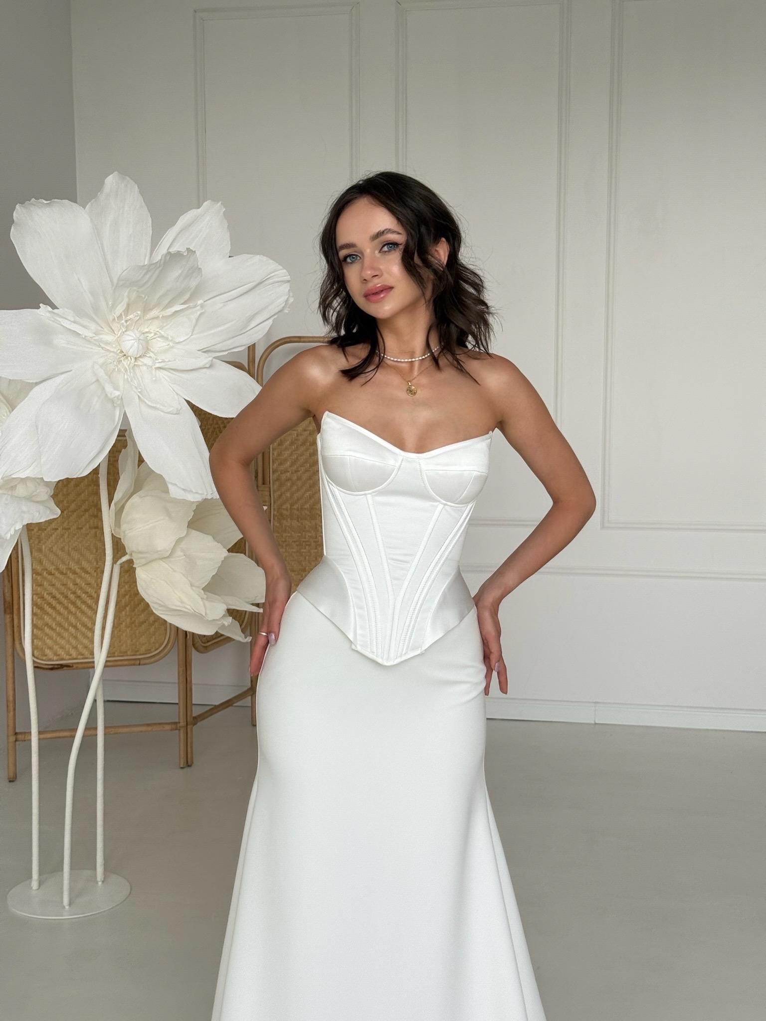 Bridal Corset and Skirt Set | Wedding Corset Top with Lace-Up Back and Crepe Skirt | Two Piece Minimalist Wedding Dress