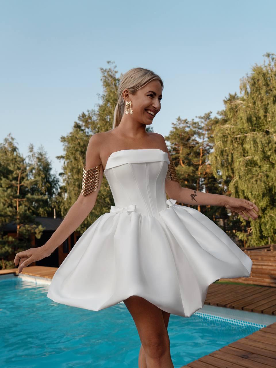 Short Satin Wedding Reception Dress | Corset Mini Dress with Puff Skirt | Elopement Dress | Strapless Bridal Party Dress | Basque Waistline