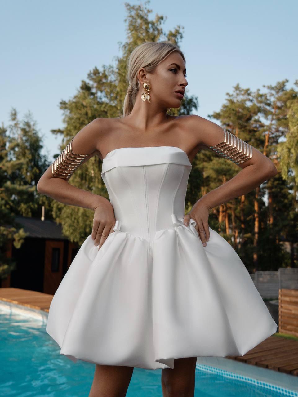 Short Satin Wedding Reception Dress | Corset Mini Dress with Puff Skirt | Elopement Dress | Strapless Bridal Party Dress | Basque Waistline