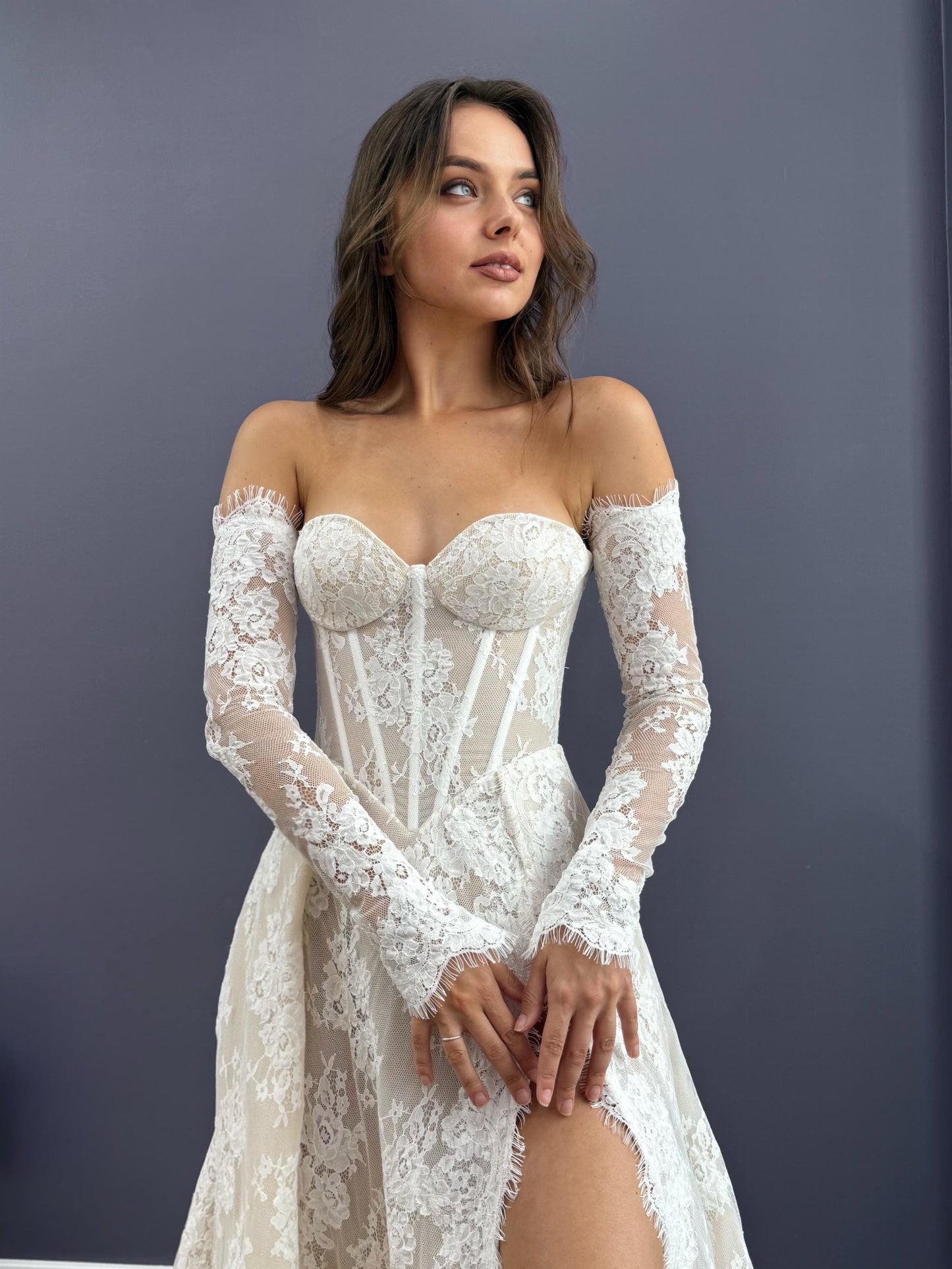 Seductive Lace Wedding Dress with Slit, Off Shoulder Corset Bridal Gown, Chantilly Lace Train Dress, Custom Made for Timeless Elegance