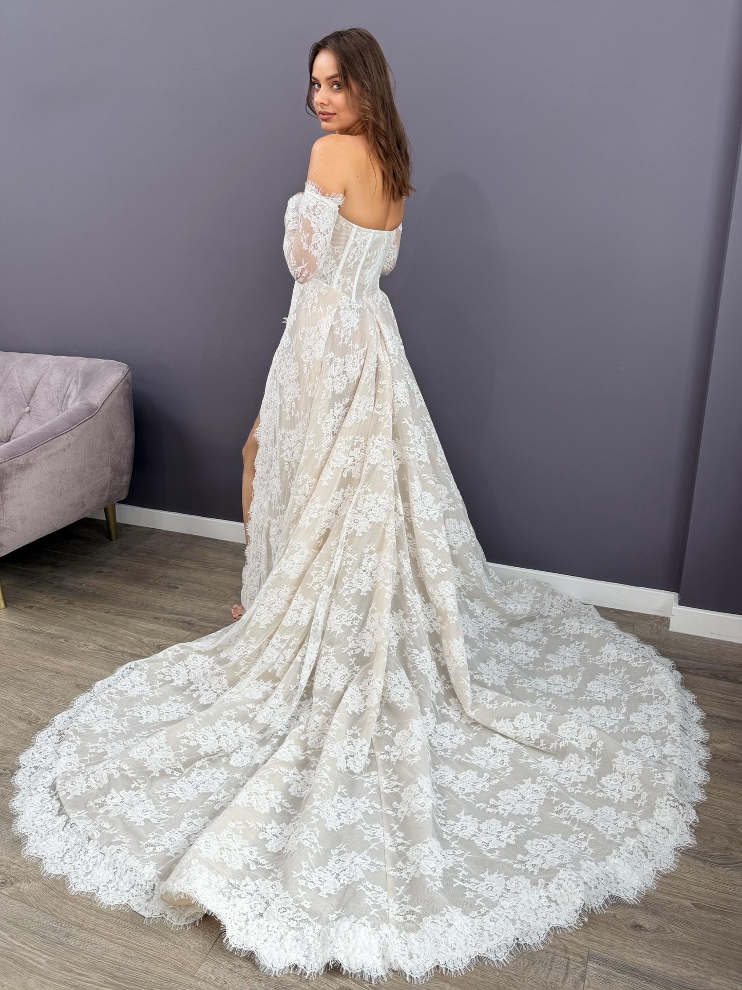 Seductive Lace Wedding Dress with Slit, Off Shoulder Corset Bridal Gown, Chantilly Lace Train Dress, Custom Made for Timeless Elegance