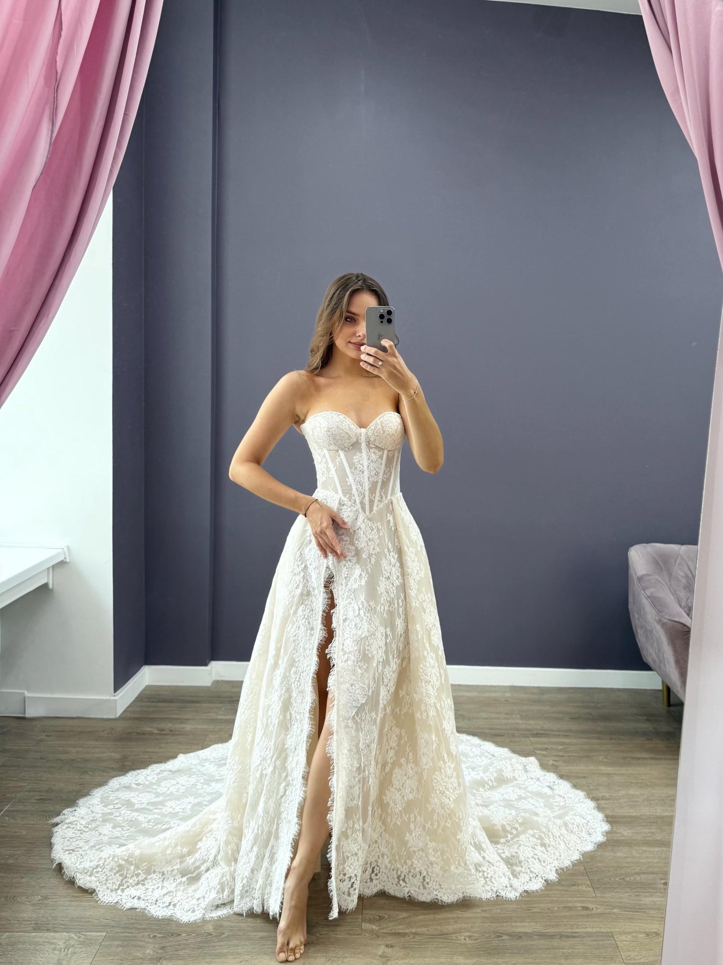 Seductive Lace Wedding Dress with Slit, Off Shoulder Corset Bridal Gown, Chantilly Lace Train Dress, Custom Made for Timeless Elegance