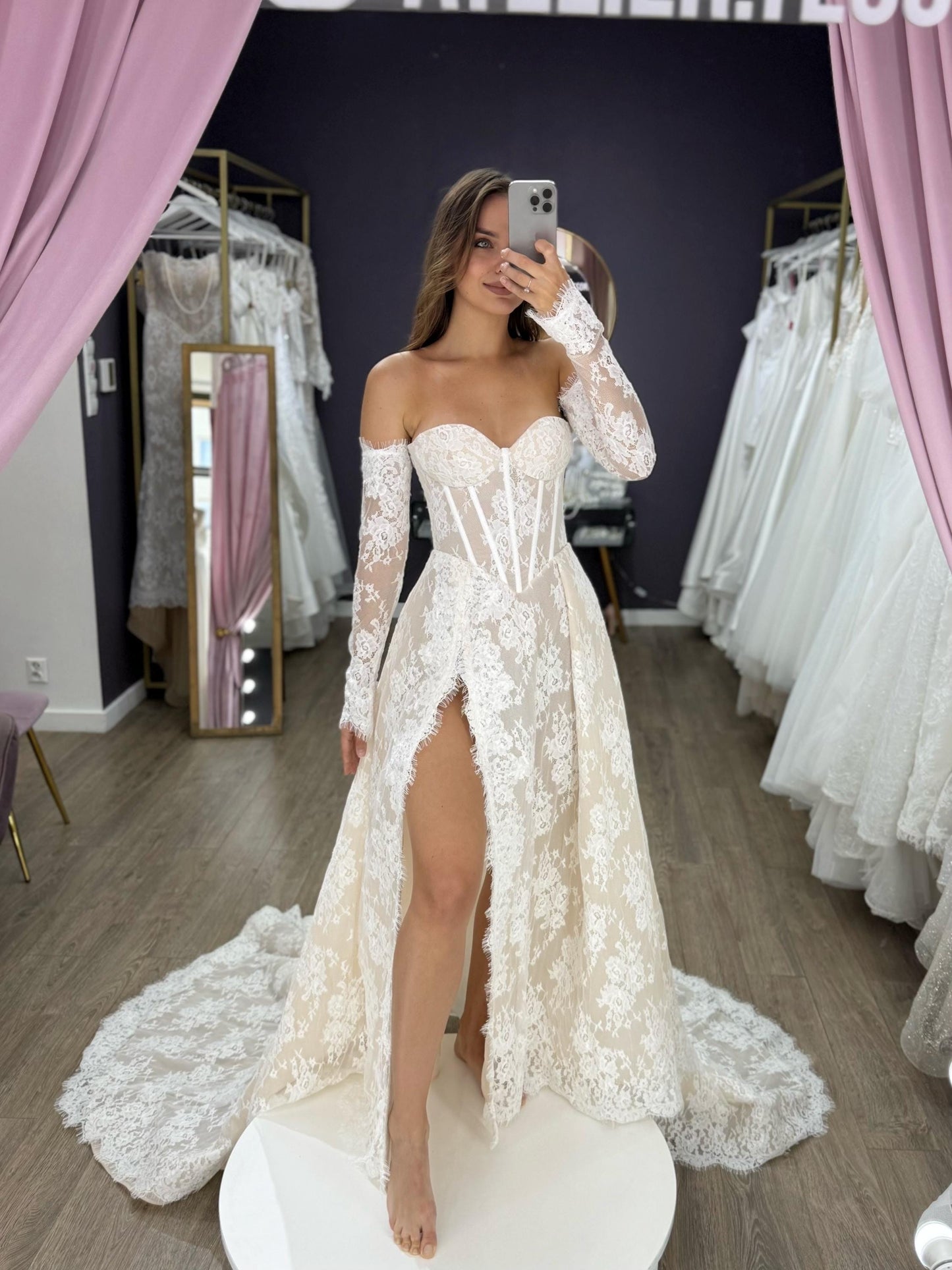 Seductive Lace Wedding Dress with Slit, Off Shoulder Corset Bridal Gown, Chantilly Lace Train Dress, Custom Made for Timeless Elegance
