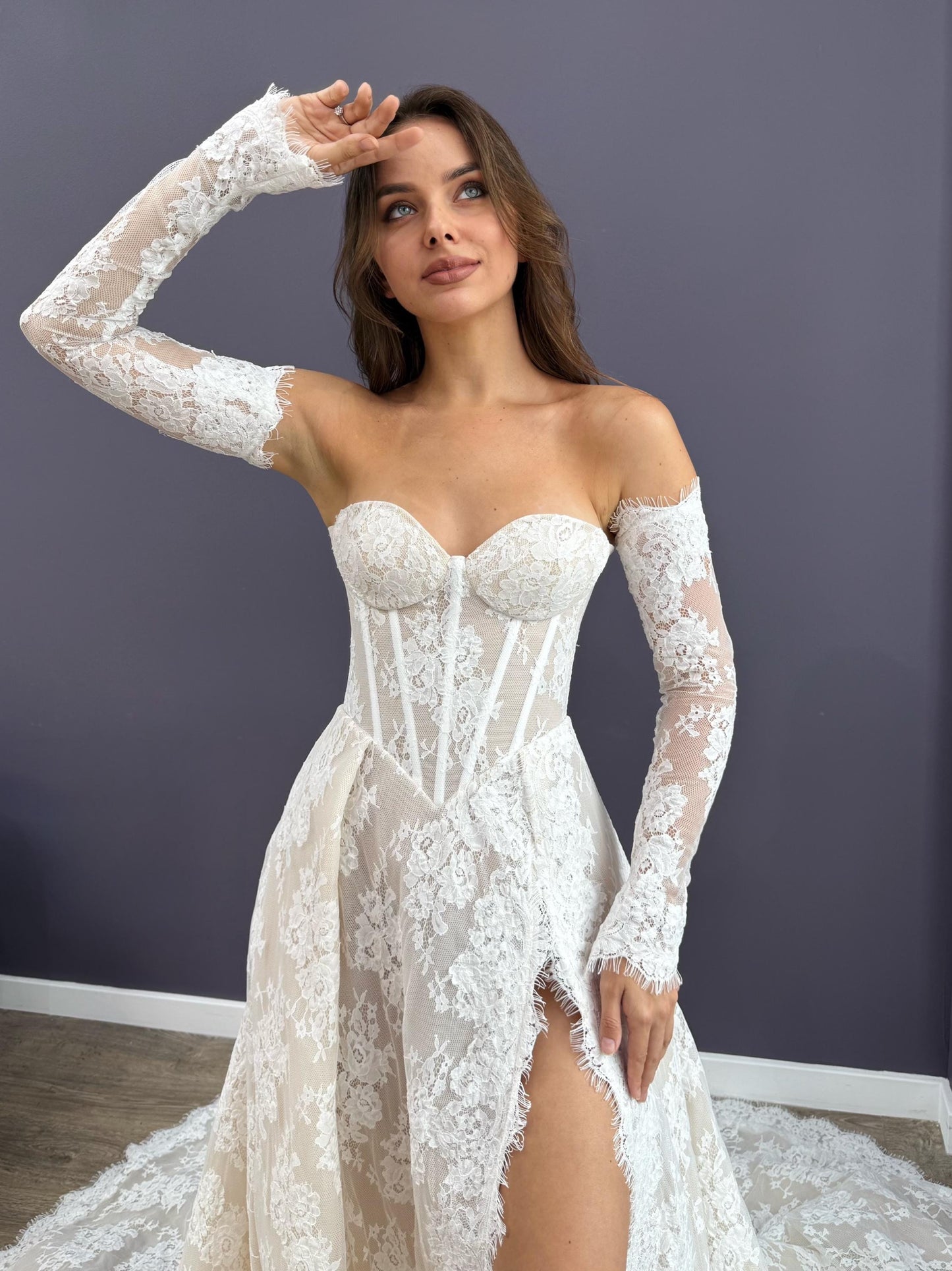 Seductive Lace Wedding Dress with Slit, Off Shoulder Corset Bridal Gown, Chantilly Lace Train Dress, Custom Made for Timeless Elegance