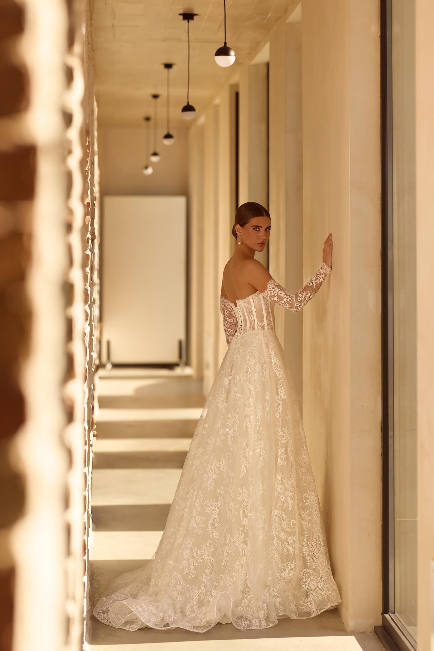 Off Shoulder Lace Wedding Dress with Long Sleeves, Corset Bodice Bridal Gown, A Line Lace Wedding Dress with Train, Elegant Style