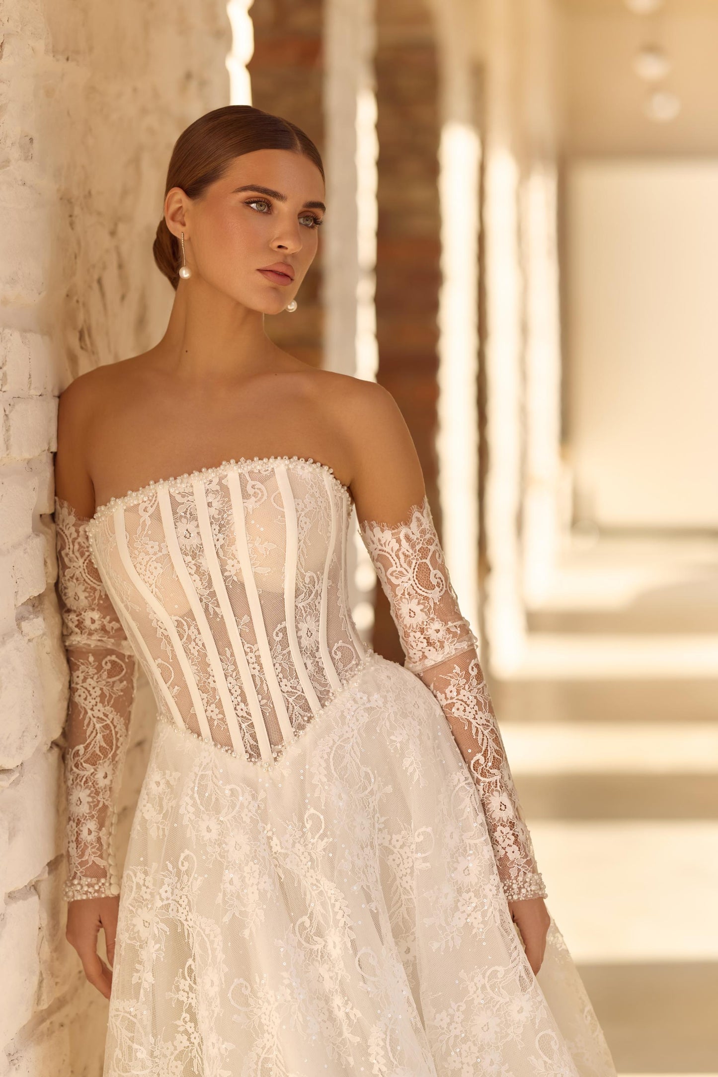 Off Shoulder Lace Wedding Dress with Long Sleeves, Corset Bodice Bridal Gown, A Line Lace Wedding Dress with Train, Elegant Style