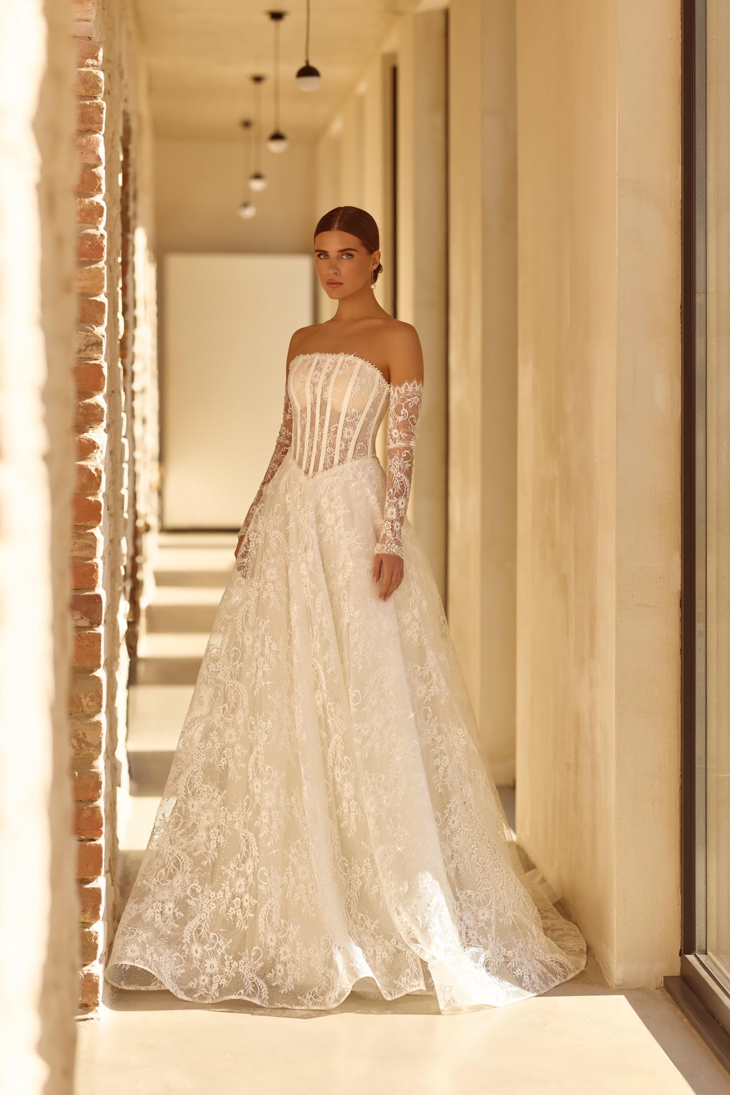 Off Shoulder Lace Wedding Dress with Long Sleeves, Corset Bodice Bridal Gown, A Line Lace Wedding Dress with Train, Elegant Style