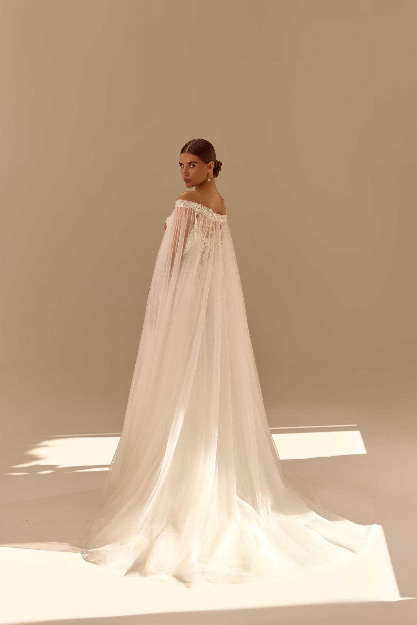Off Shoulder Wedding Dress with Cape, Beaded Corset Bridal Gown, Elegant A Line Wedding Dress with Train, Tulle Wedding Dress