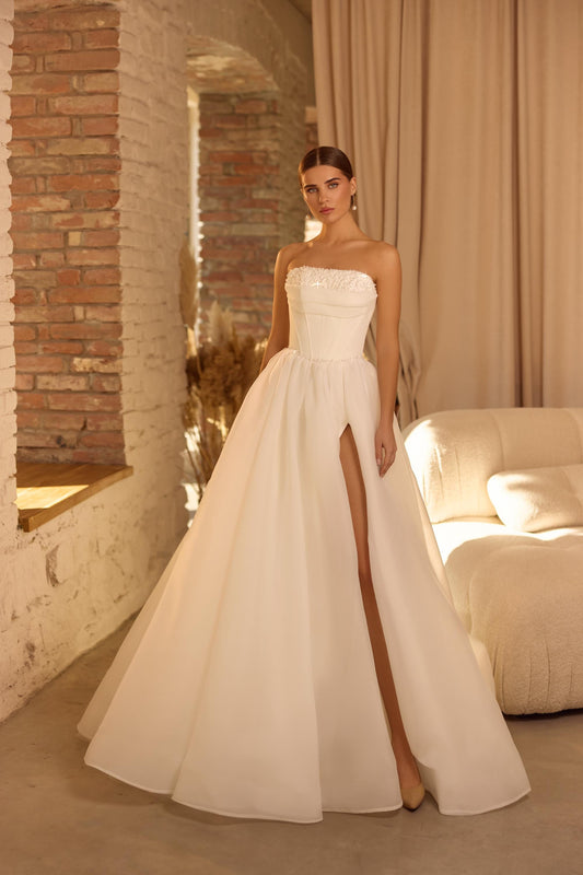 Off Shoulder Wedding Dress with Puffy Sleeves, Corset Bridal Gown with Slit and Train, Modern A Line Wedding Dress with Pearls