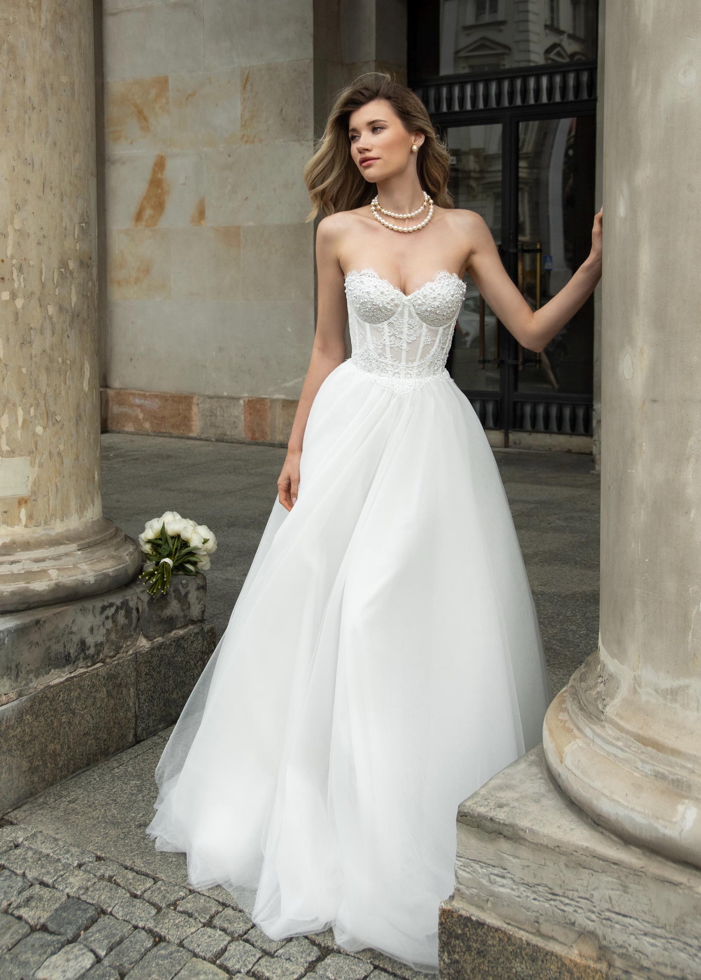 Strapless Corset Wedding Dress, Pearl Lace Bridal Gown, Romantic A Line Wedding Dress with Train, Elegant Classic Wedding Gown