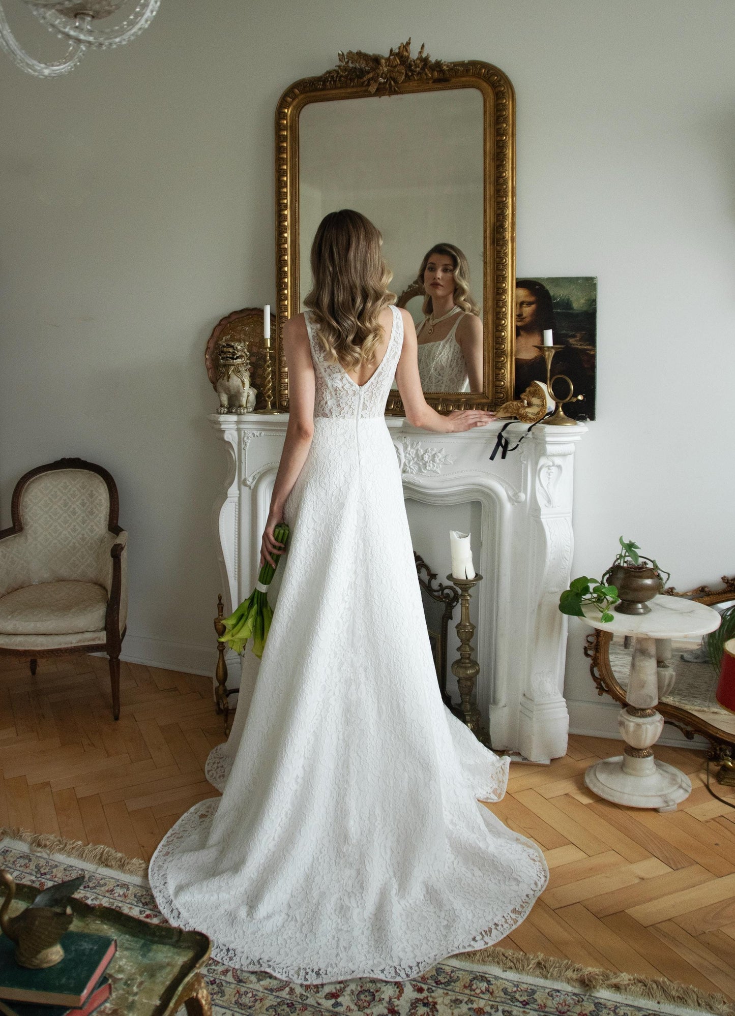 Lace Wedding Dress, Square Neck Bridal Gown with Train, Elegant Vintage Inspired Lace Corset Dress, Romantic A Line Wedding Gown
