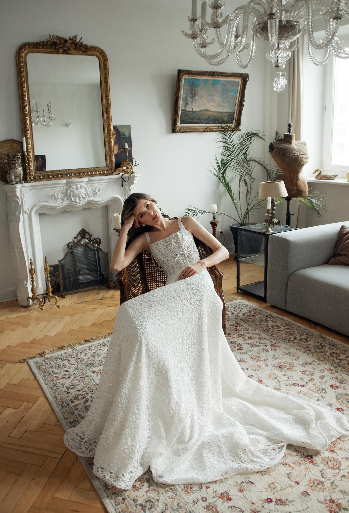 Lace Wedding Dress, Square Neck Bridal Gown with Train, Elegant Vintage Inspired Lace Corset Dress, Romantic A Line Wedding Gown