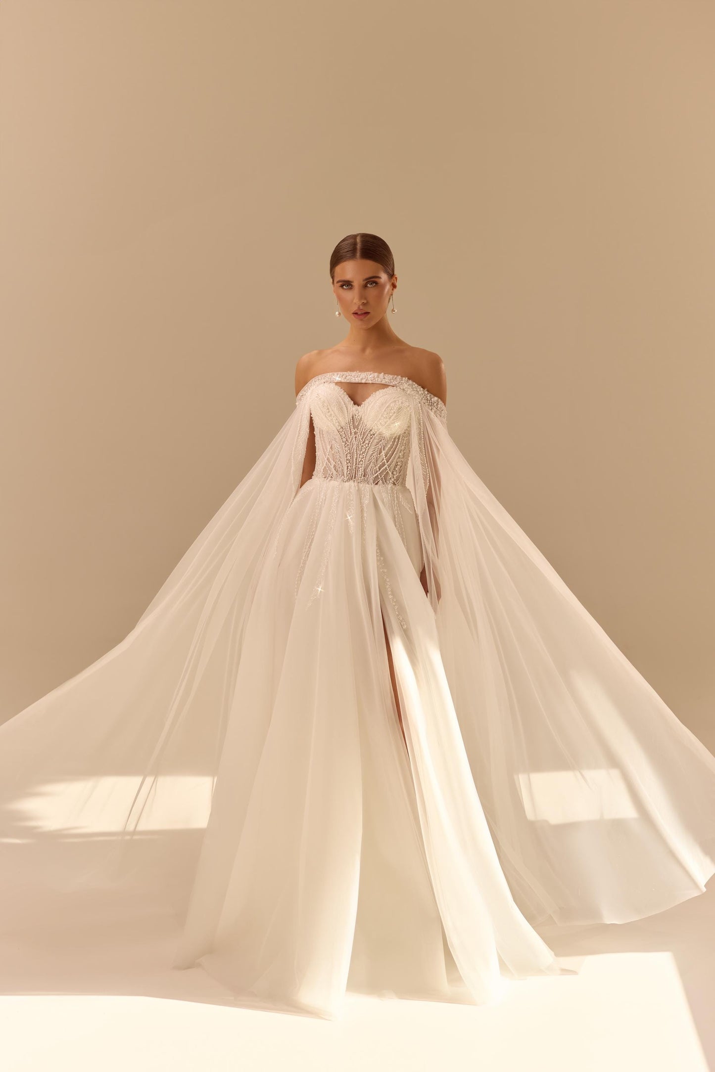 Off Shoulder Wedding Dress with Cape, Beaded Corset Bridal Gown, Elegant A Line Wedding Dress with Train, Tulle Wedding Dress
