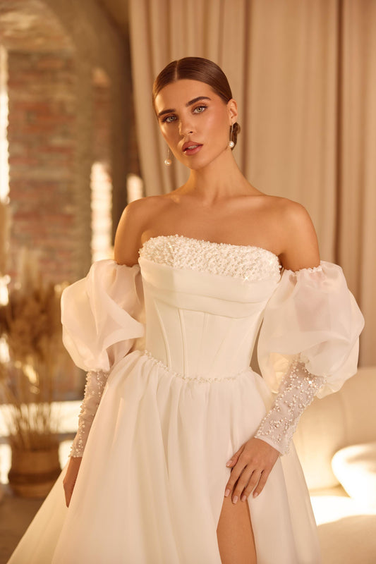 Off Shoulder Wedding Dress with Puffy Sleeves, Corset Bridal Gown with Slit and Train, Modern A Line Wedding Dress with Pearls