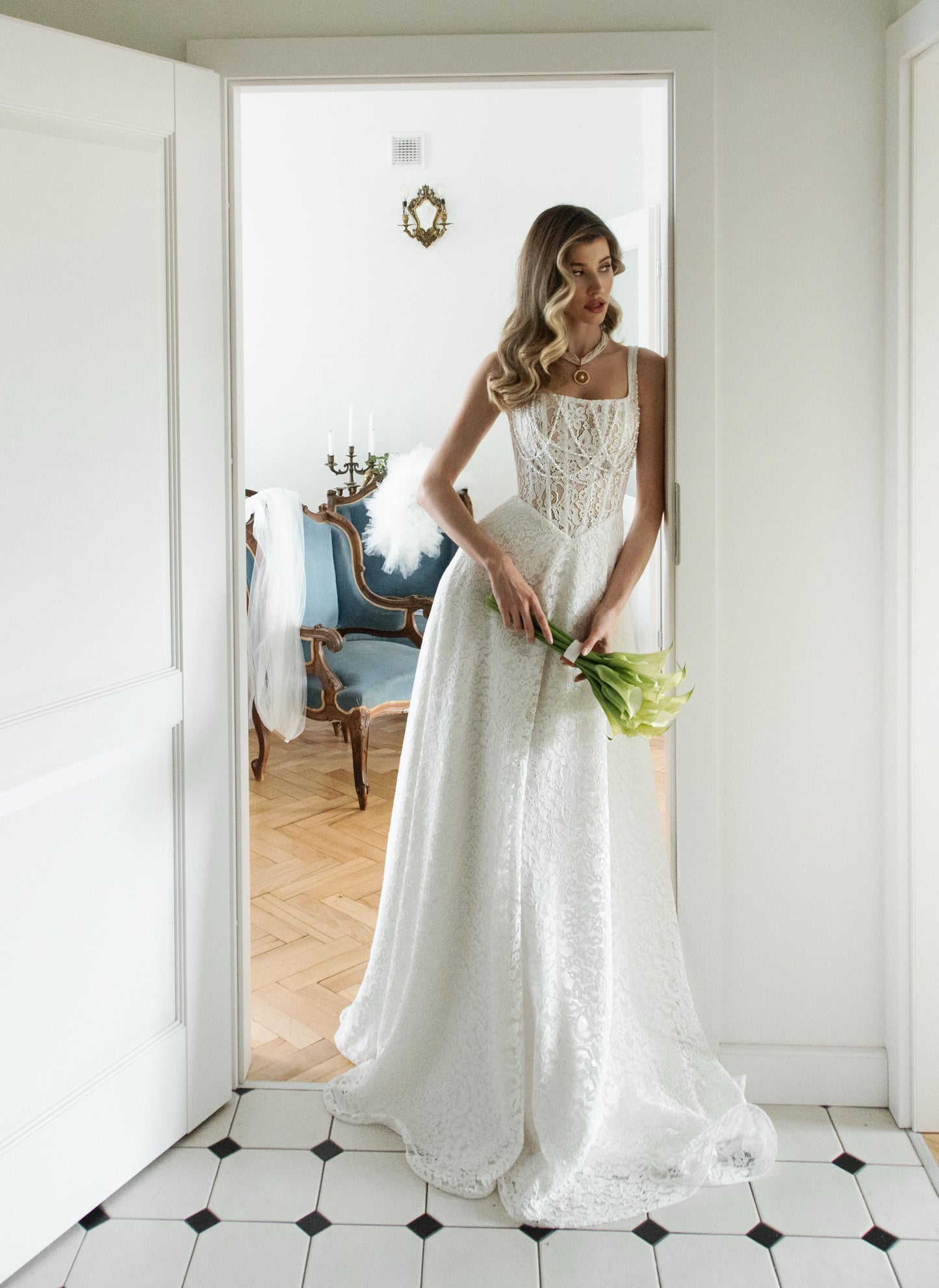 Lace Wedding Dress, Square Neck Bridal Gown with Train, Elegant Vintage Inspired Lace Corset Dress, Romantic A Line Wedding Gown