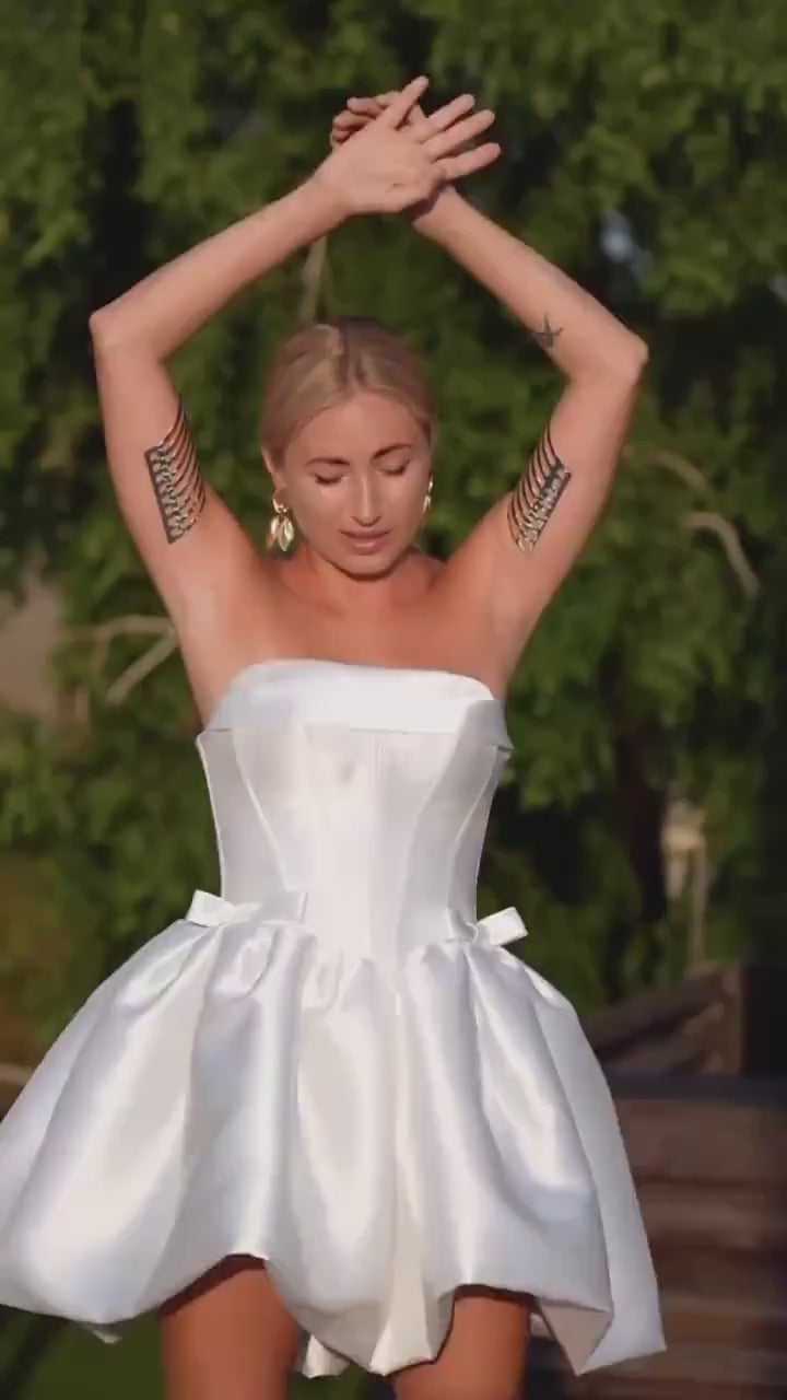 Short Satin Wedding Reception Dress | Corset Mini Dress with Puff Skirt | Elopement Dress | Strapless Bridal Party Dress | Basque Waistline