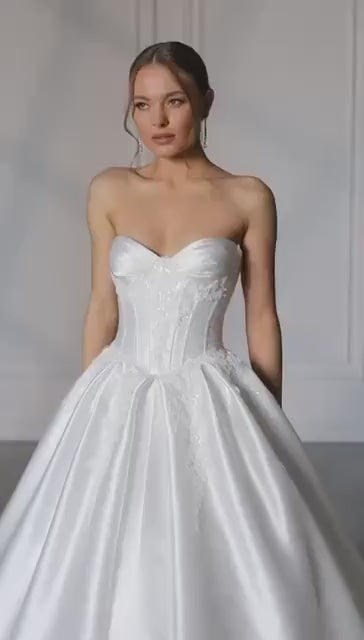 Luxury Wedding Dress – Satin Mikado Ball Gown, Corset with Cat Eye Cups & Basque Waist, Beaded Lace Details, Modern Princess Bridal Dress