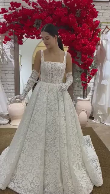 Elegant Lace Wedding Dress, A-Line Bridal Gown, French Corded Lace Dress, Square Corset Dress, Ball Gown Wedding Dress