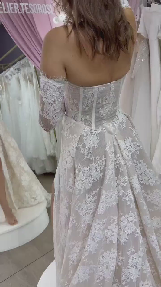 Seductive Lace Wedding Dress with Slit, Off Shoulder Corset Bridal Gown, Chantilly Lace Train Dress, Custom Made for Timeless Elegance