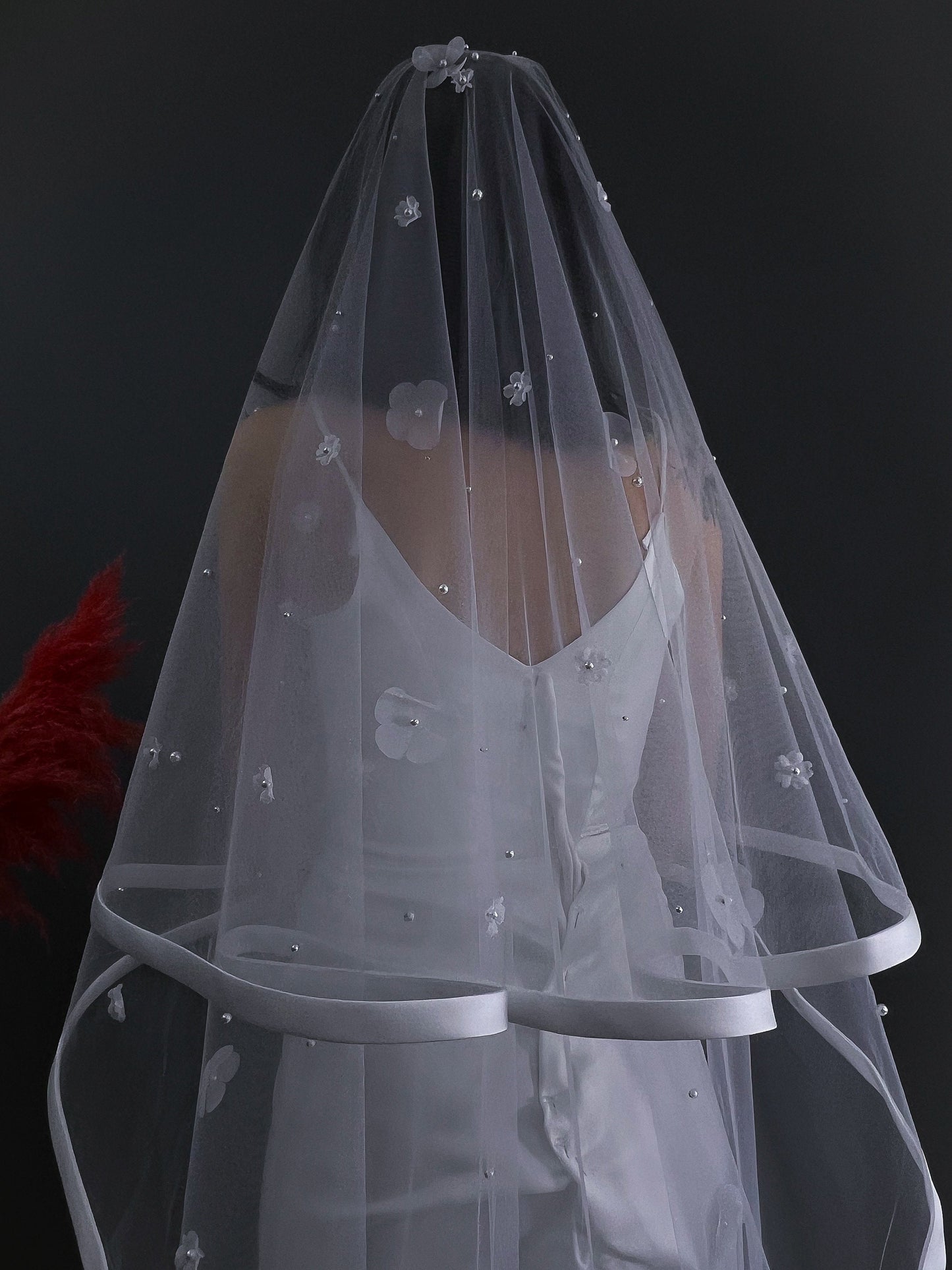 Floral Wedding Veil with Satin Ribbon Edge – Soft Tulle Veil with 3D Flowers