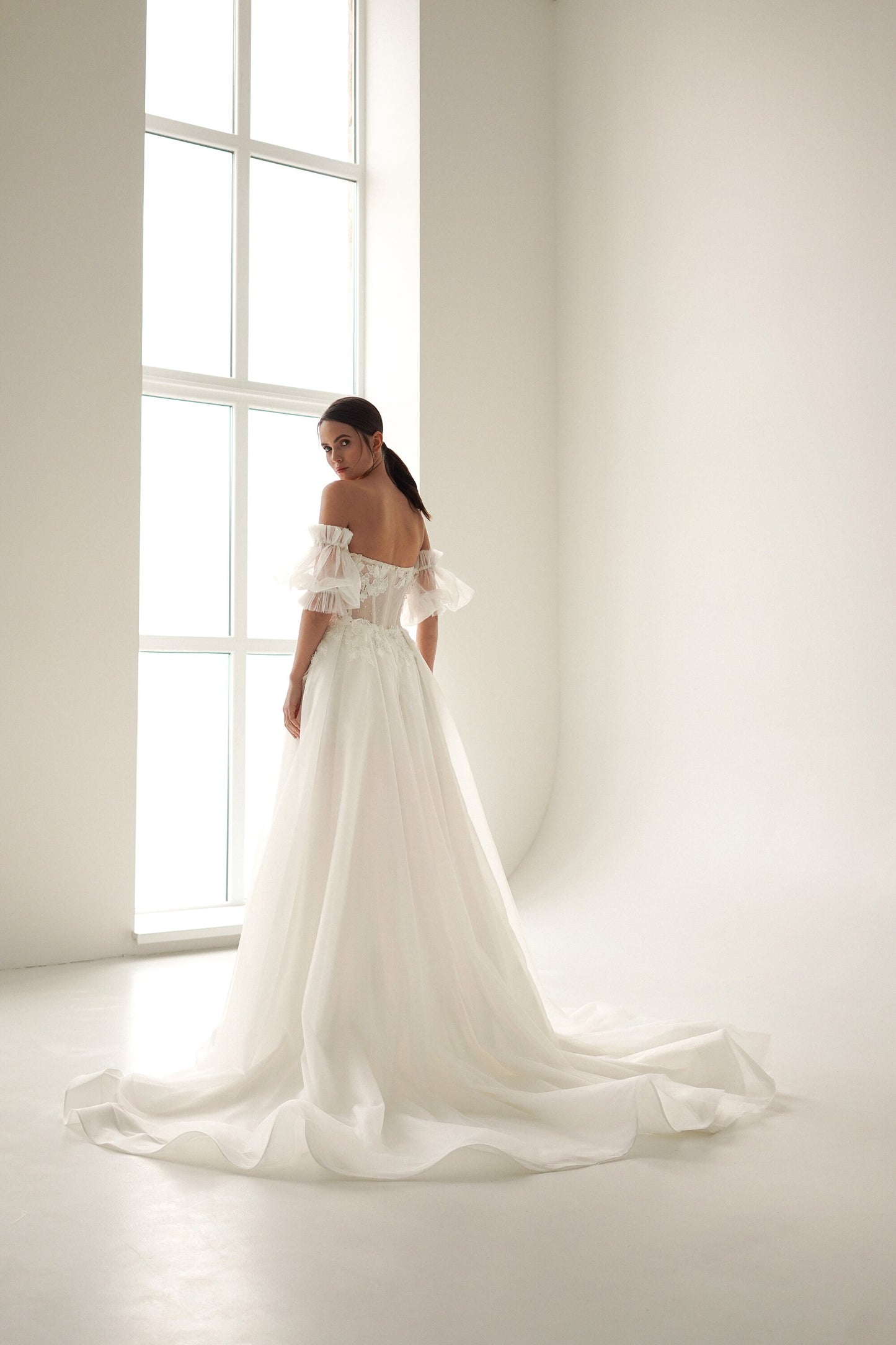 ASTRAL – Off-Shoulder Lace & Tulle Wedding Dress with Slit | Puff Sleeves Bridal Gown