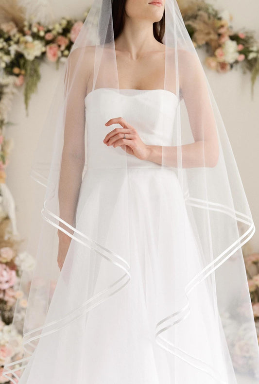Two-Tier Bridal Veil with thin Double Satin Ribbon Edge – Classic Elegance with Blusher Option