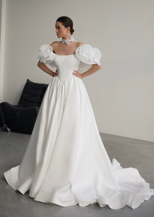 MERLINA – Off-Shoulder Satin A-line Wedding Gown with puff sleeves