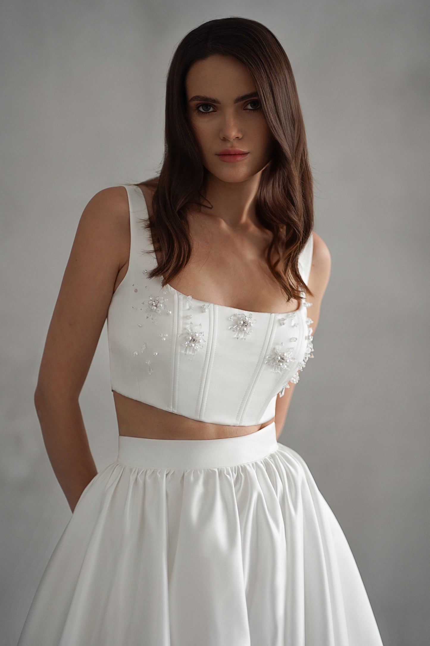 ALOHOMORA – Two-Piece Satin Wedding Dress with Crop Top and High-Slit Skirt