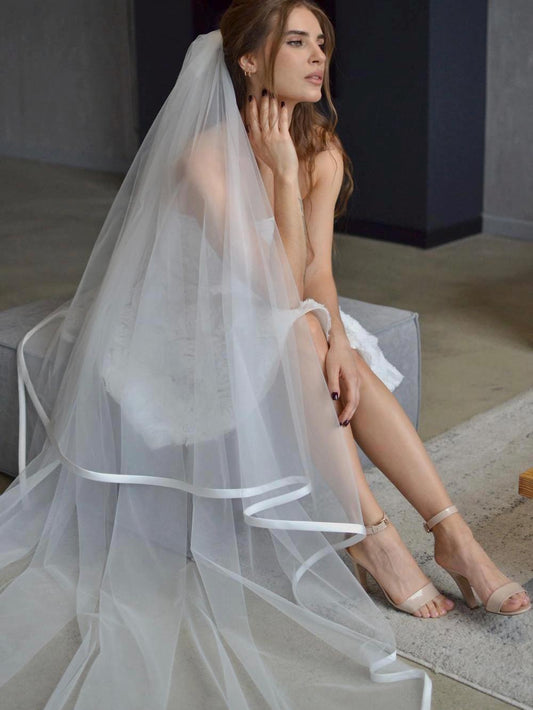 Extra Wide Tulle Wedding Veil with Satin Ribbon Edge – 300 cm Width