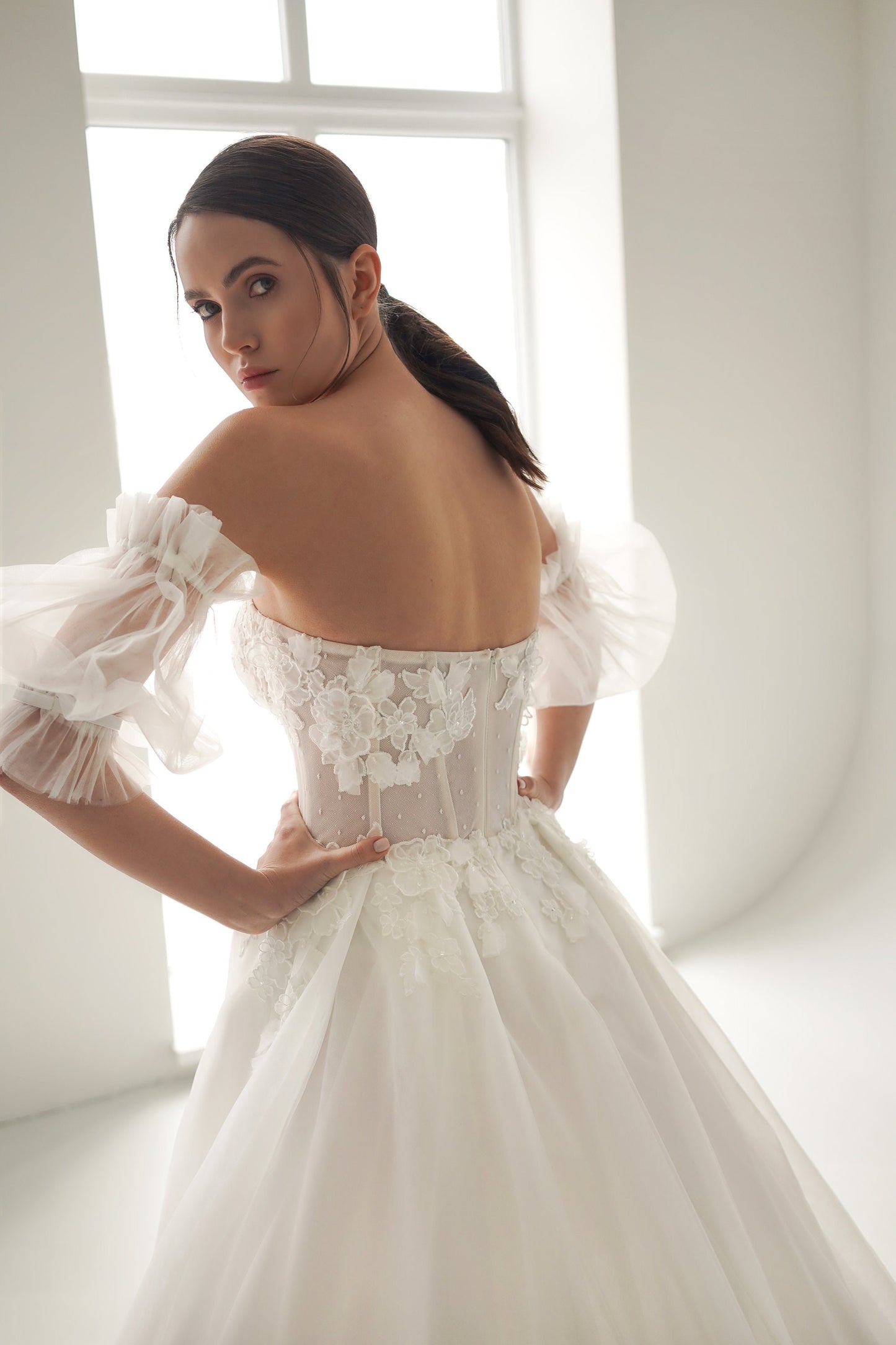 ASTRAL – Off-Shoulder Lace & Tulle Wedding Dress with Slit | Puff Sleeves Bridal Gown