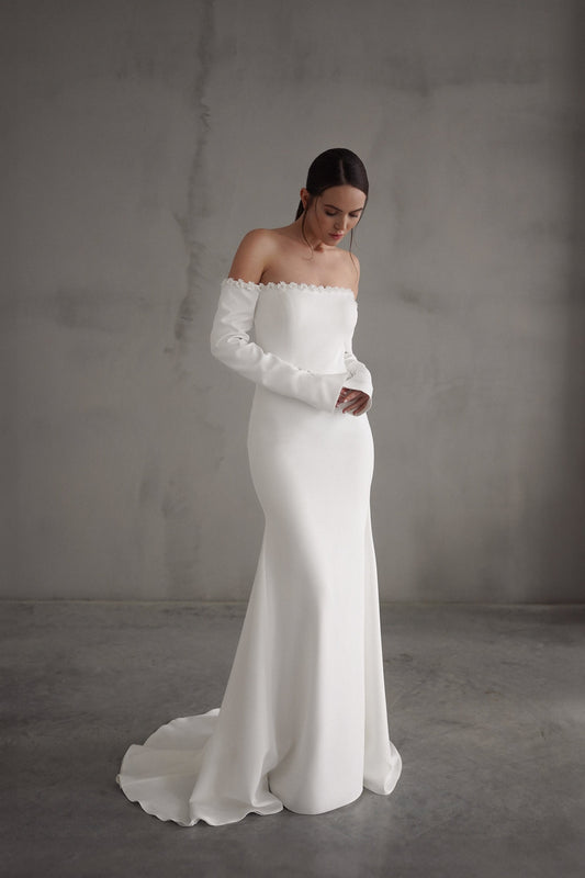 HERMIONA – Off-Shoulder Crepe Wedding Dress with Long Sleeves | Modern Mermaid Bridal Gown