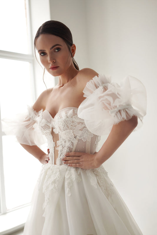 ASTRAL – Off-Shoulder Lace & Tulle Wedding Dress with Slit | Puff Sleeves Bridal Gown