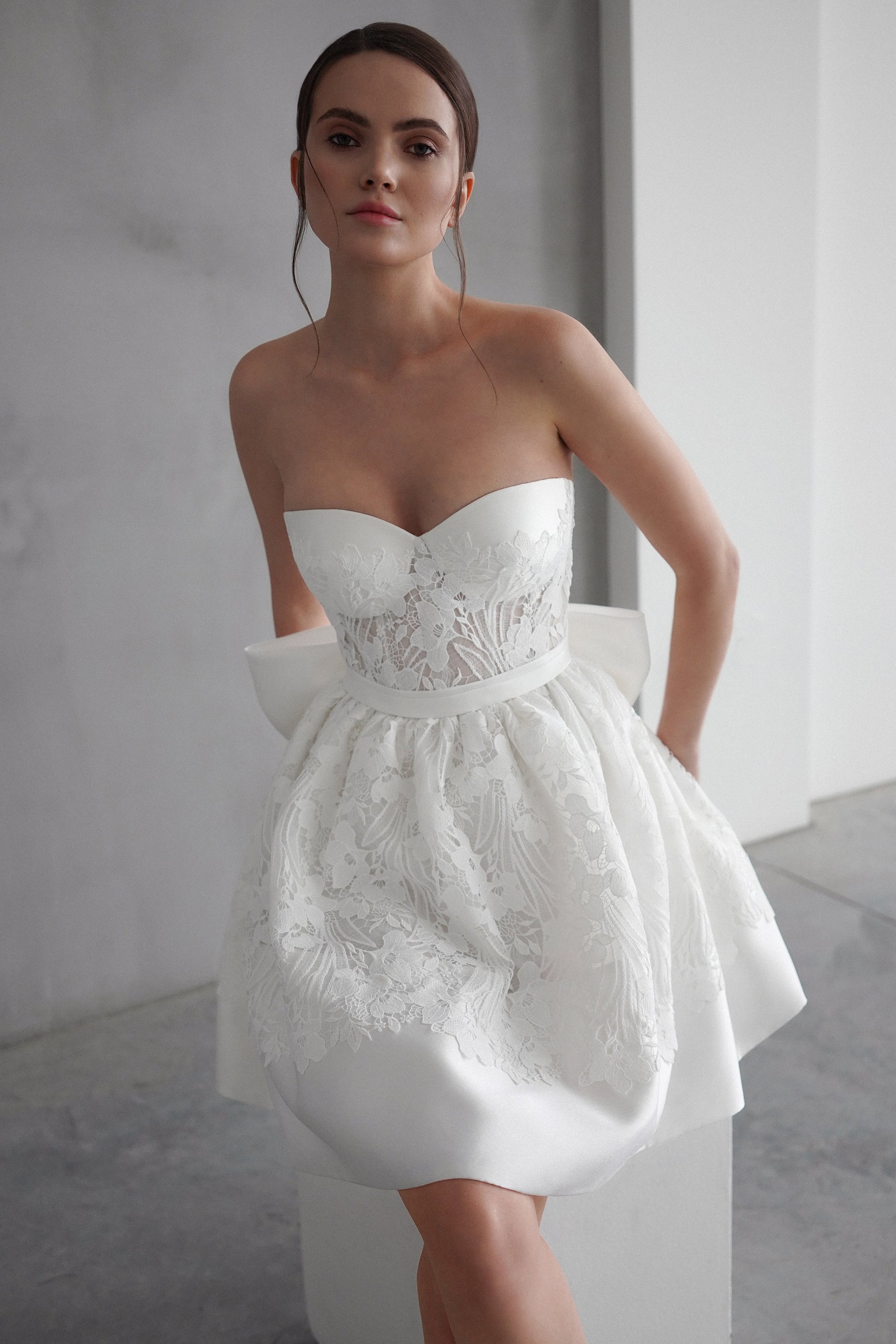 AVADA – Short Strapless Wedding Dress with Lace Embroidery and