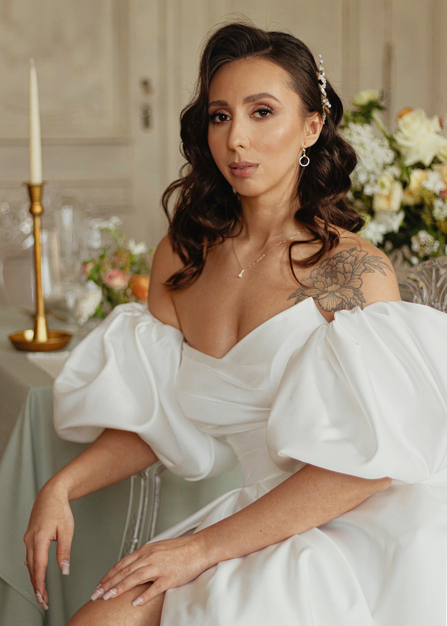 Elegant satin Off-Shoulder Bridal Gown with Puff Sleeves and Leg Slit, Classic White Wedding Dress. A-line simple modern royal wedding dress