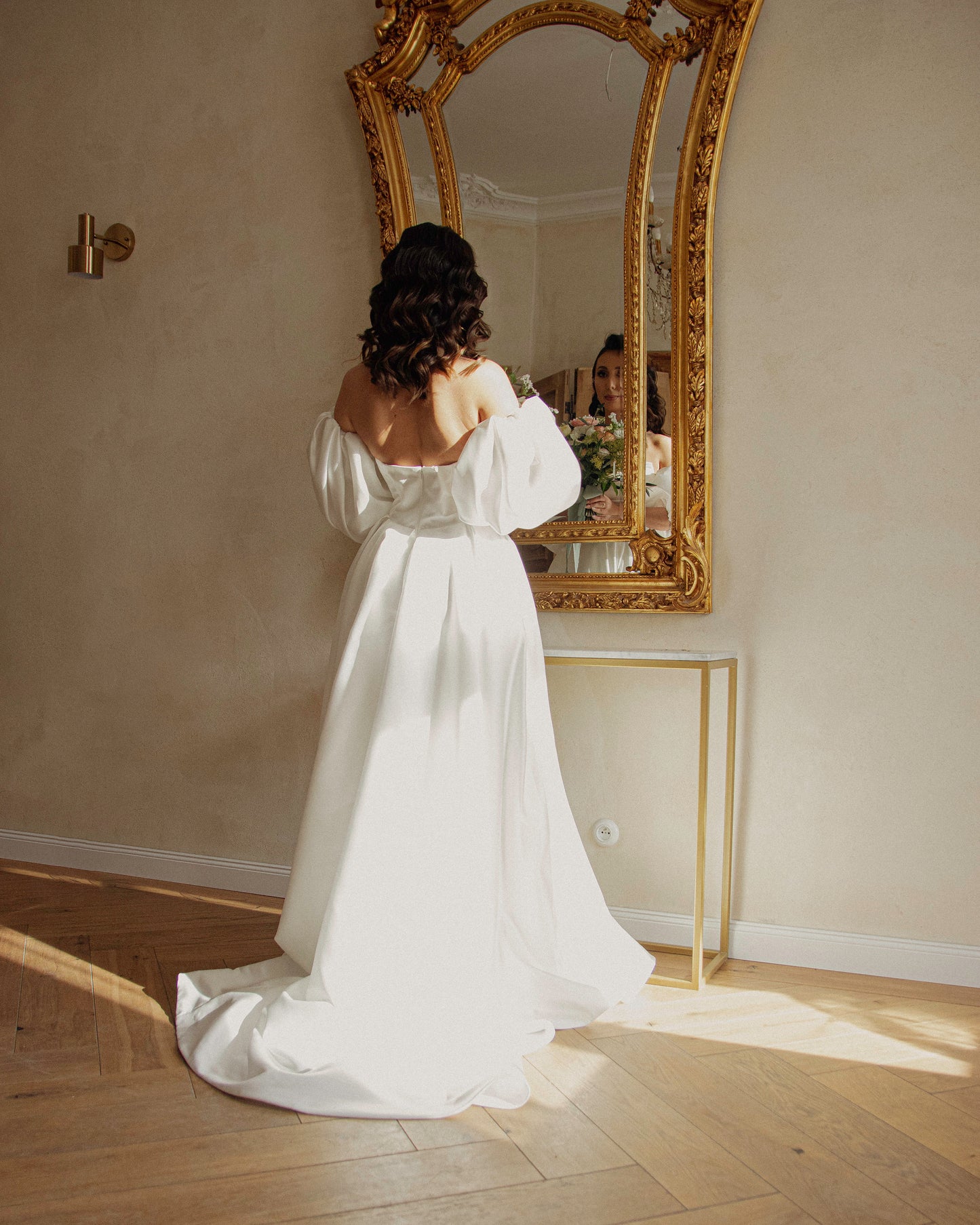 Elegant satin Off-Shoulder Bridal Gown with Puff Sleeves and Leg Slit, Classic White Wedding Dress. A-line simple modern royal wedding dress