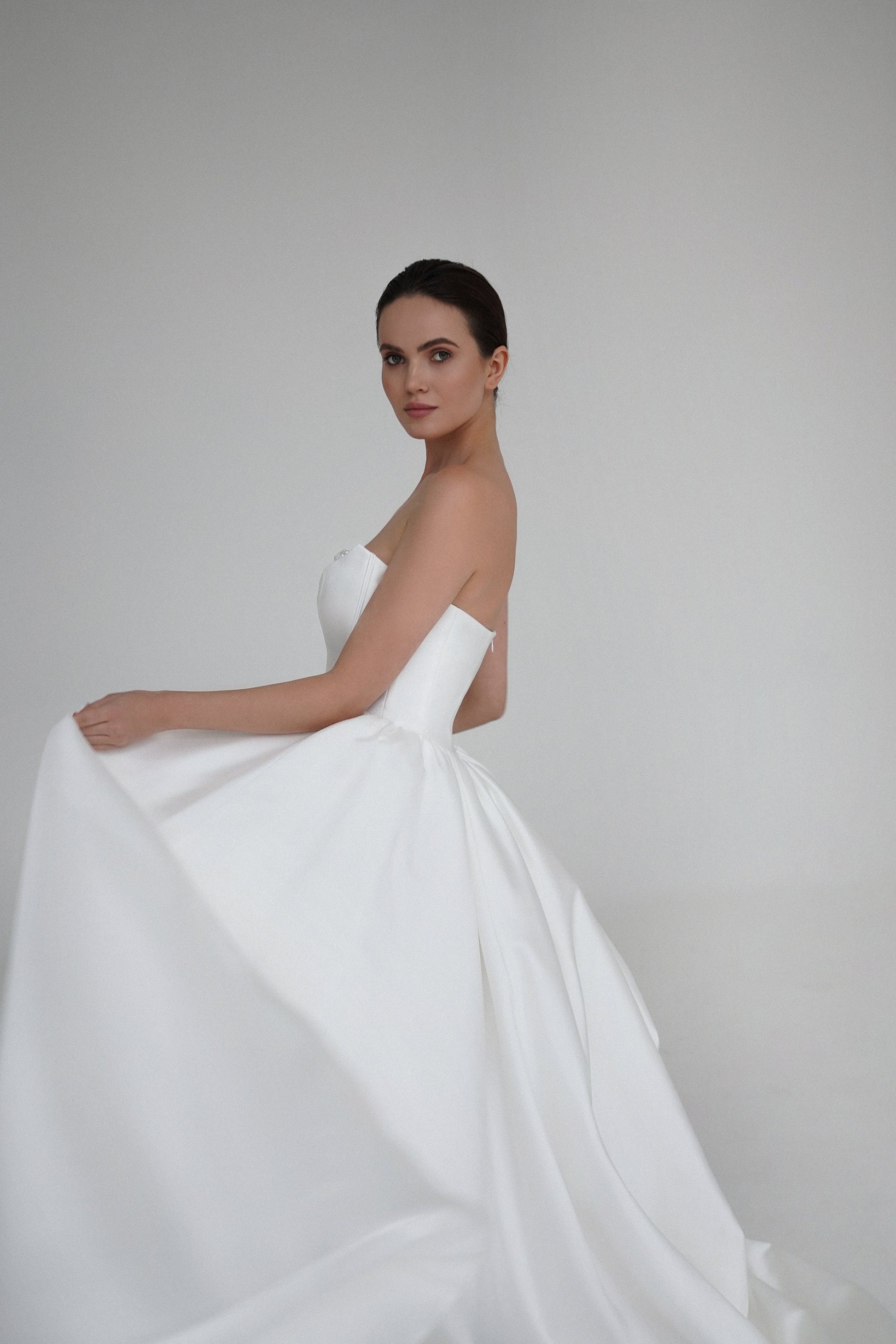 Mikado Wedding Dress - Basque Corset Bridal Gown - Pearl & Crystal Embellished Bodice - Royal Ball Gown - Luxury Princess Wedding Dress