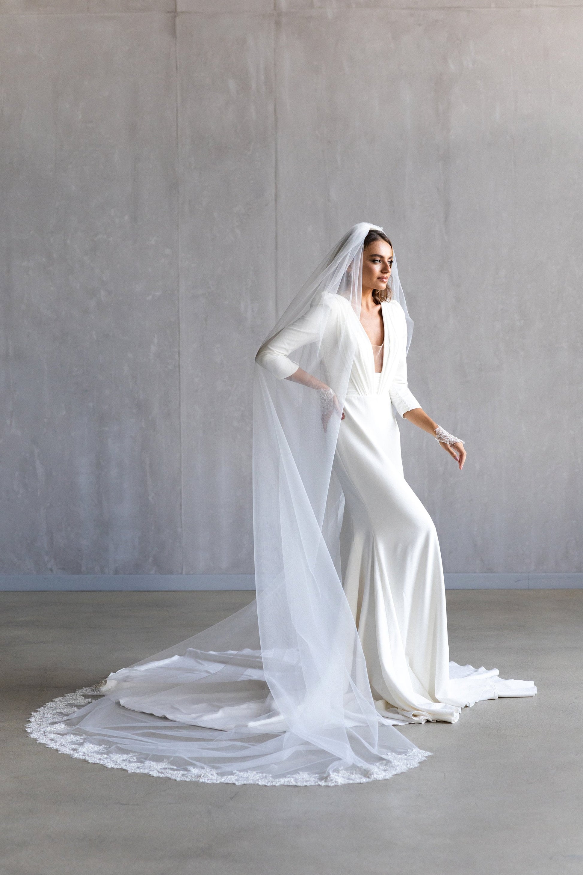 Elegant Ivory Chapel Wedding Veil with Lace Detailing, Cathedral Length, Vintage-Inspired Simple Fingertip Bridal Veil with Comb