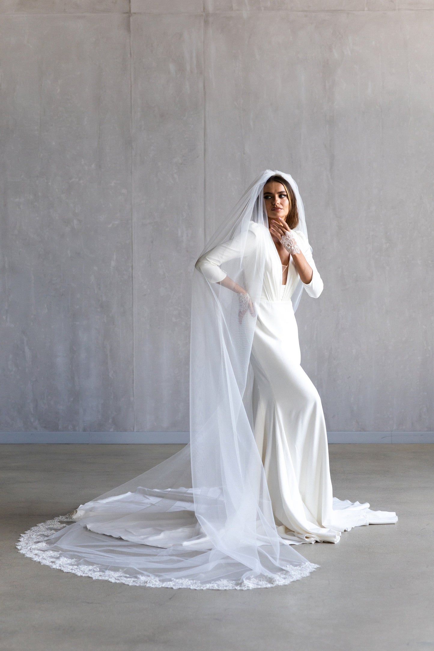 Elegant Ivory Chapel Wedding Veil with Lace Detailing, Cathedral Length, Vintage-Inspired Simple Fingertip Bridal Veil with Comb