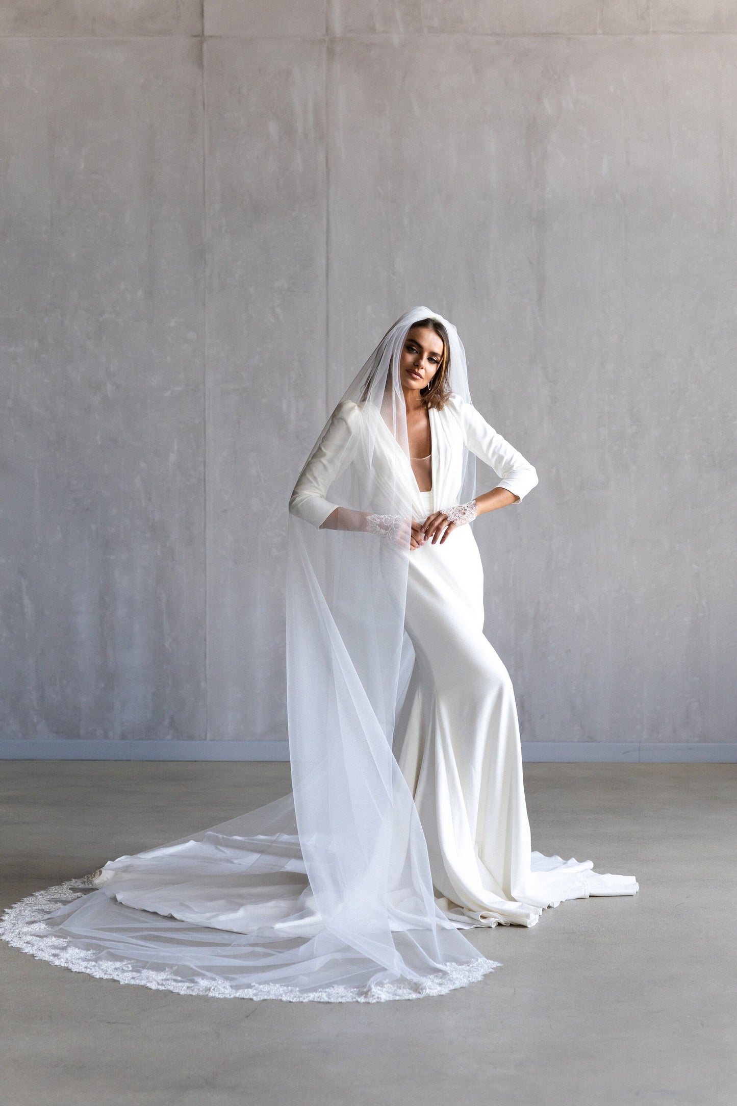 Elegant Ivory Chapel Wedding Veil with Lace Detailing, Cathedral Length, Vintage-Inspired Simple Fingertip Bridal Veil with Comb