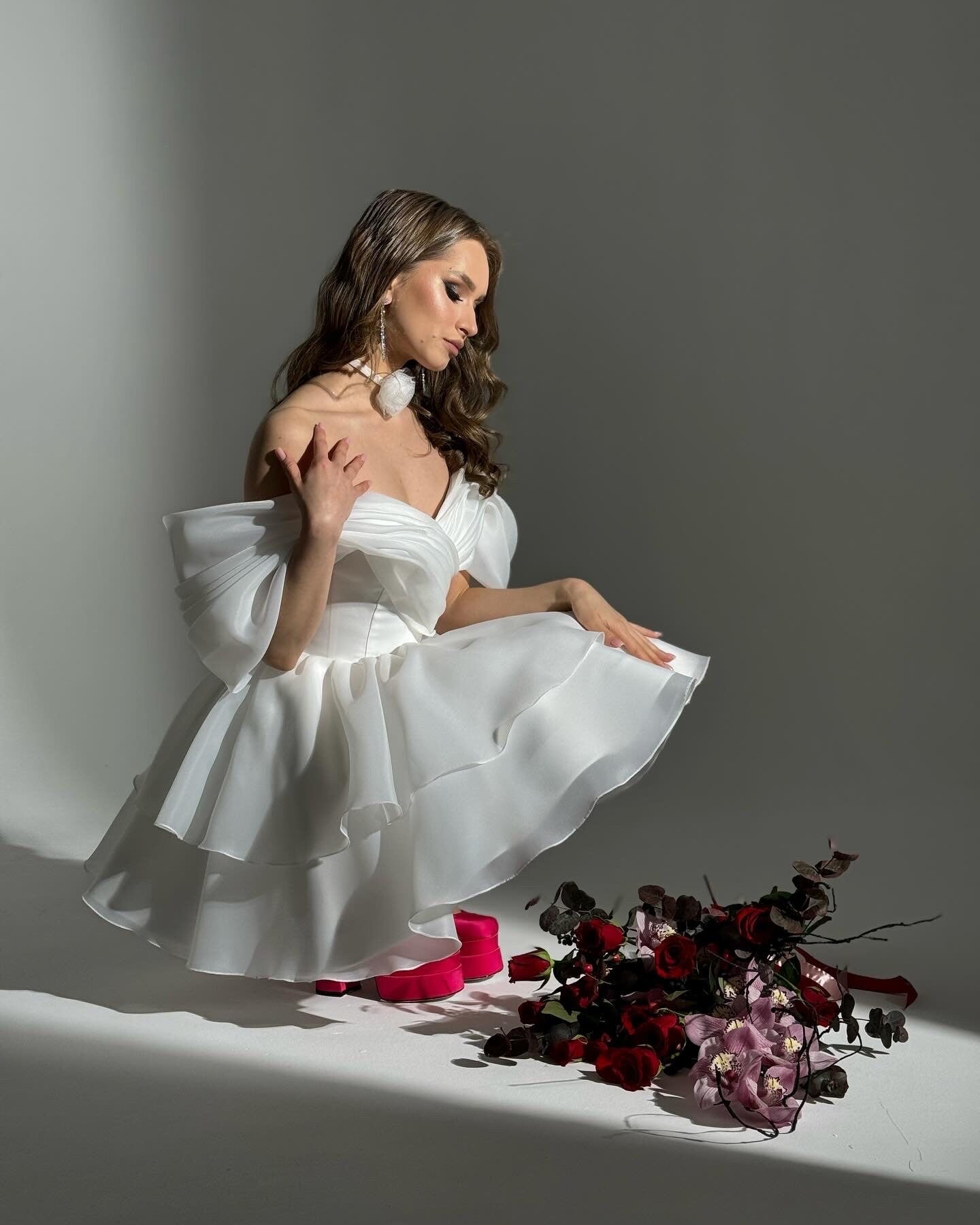 JIRAFA  Off Shoulder Organza Short Wedding Dress • Puffy Mini Bridal Dress • Colorful Party Gown • Layered Ruffle Dress • Reception Dress