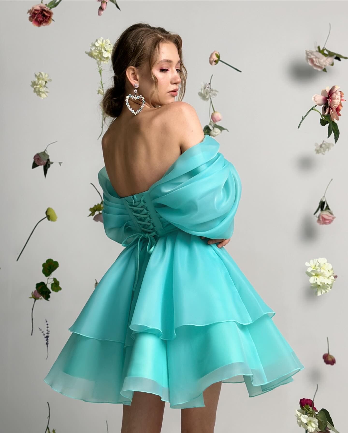 Off Shoulder Organza Short Wedding Dress • Puffy Mini Bridal Dress • Colorful Party Gown • Layered Ruffle Dress • Reception Dress