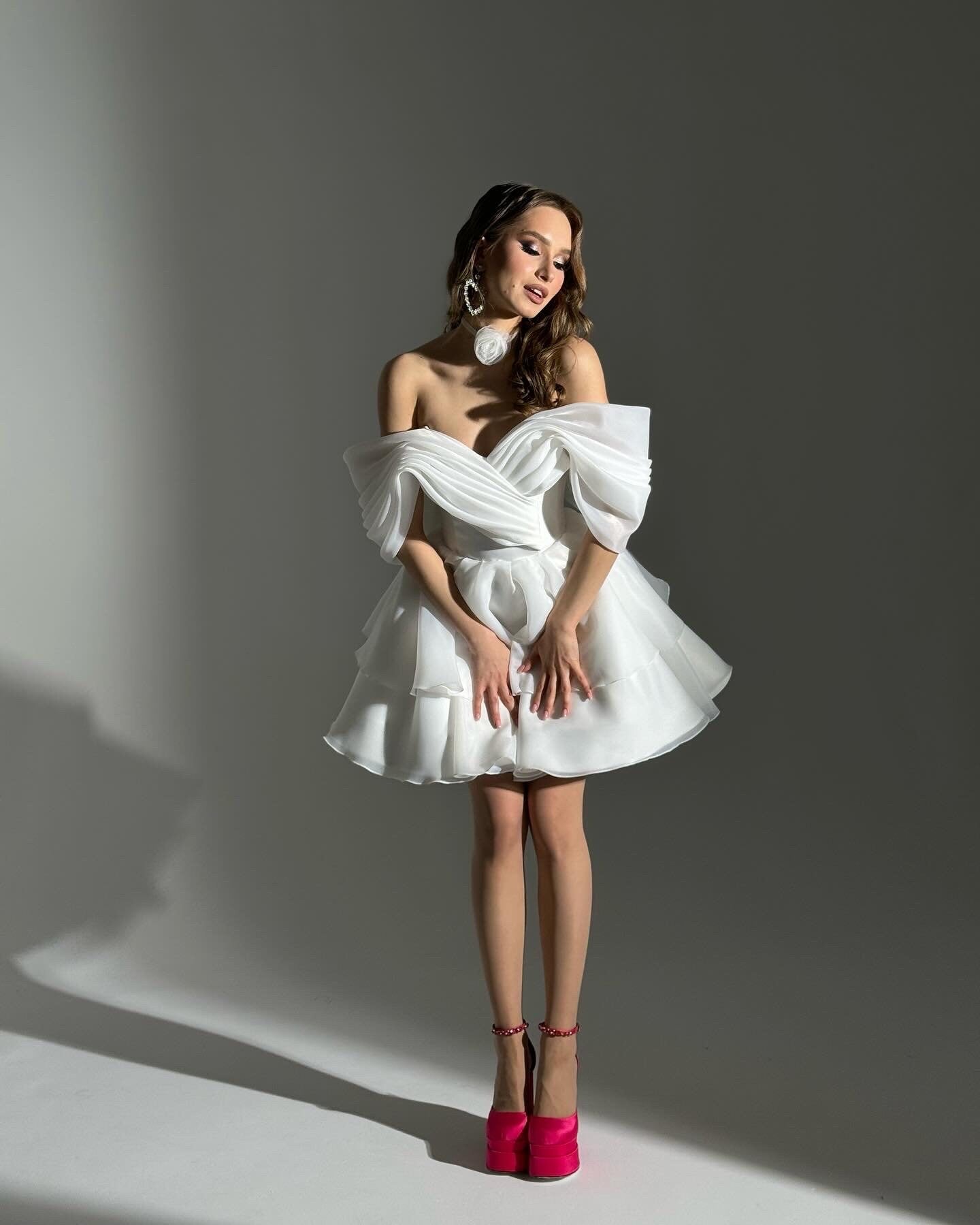 JIRAFA  Off Shoulder Organza Short Wedding Dress • Puffy Mini Bridal Dress • Colorful Party Gown • Layered Ruffle Dress • Reception Dress