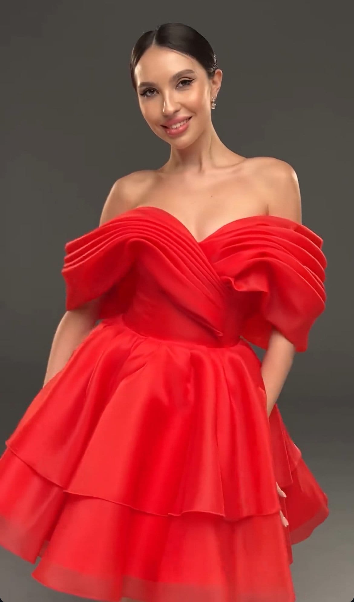 Off Shoulder Organza Short Wedding Dress • Puffy Mini Bridal Dress • Colorful Party Gown • Layered Ruffle Dress • Reception Dress